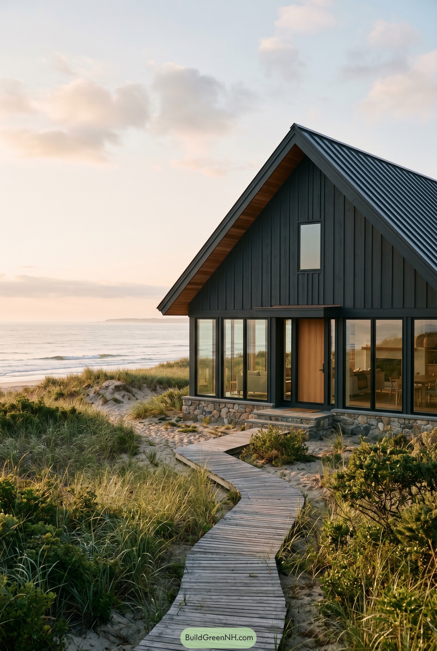 Charcoal gabled beach house with dune boardwalk