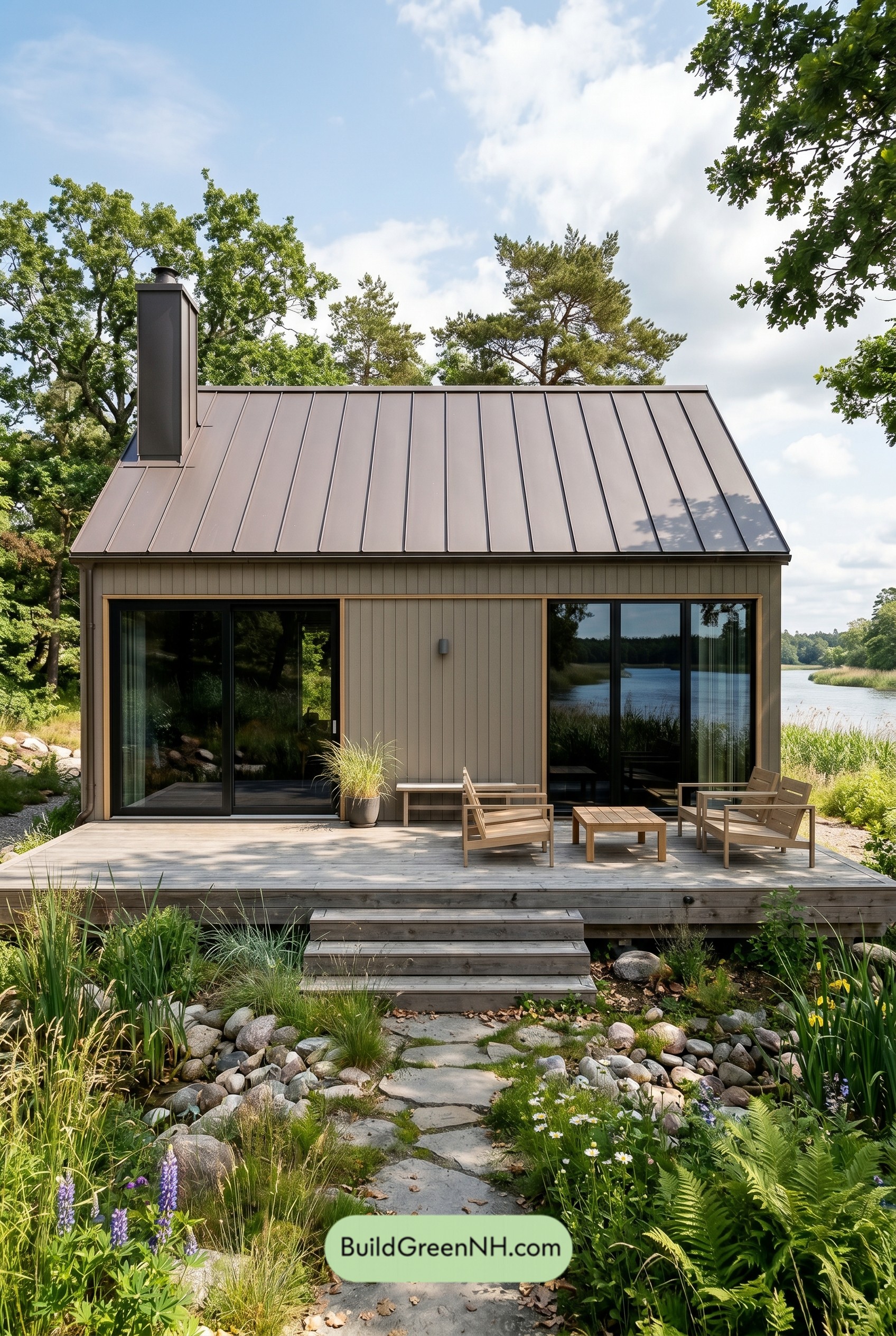 Single Story, 2 Beds, 1 Baths, 900 sq. ft., 30×30 Modern Bungalow Floor Plans: Riverbend Nordic Porch