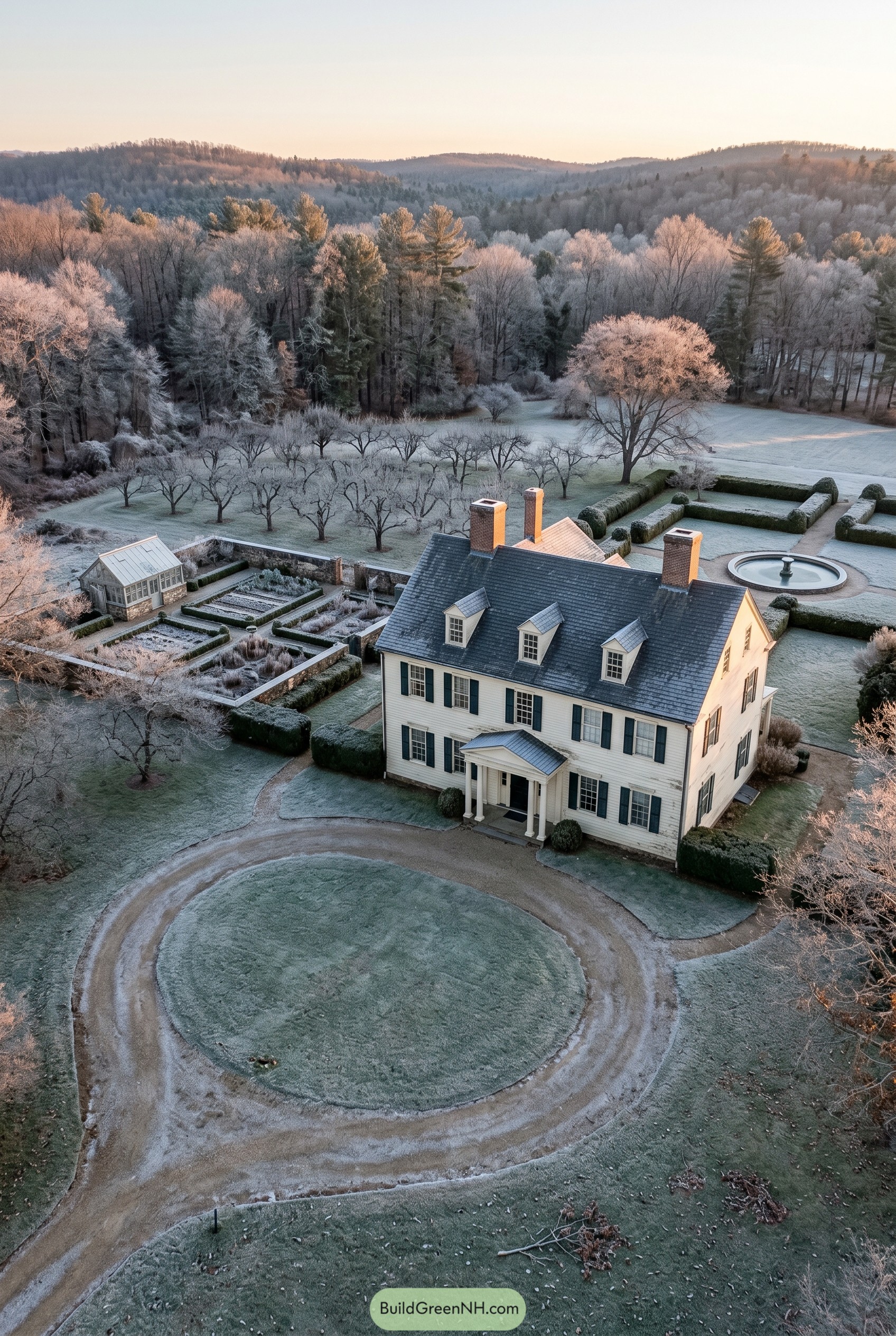 Frosted colonial house with orchard and fountain