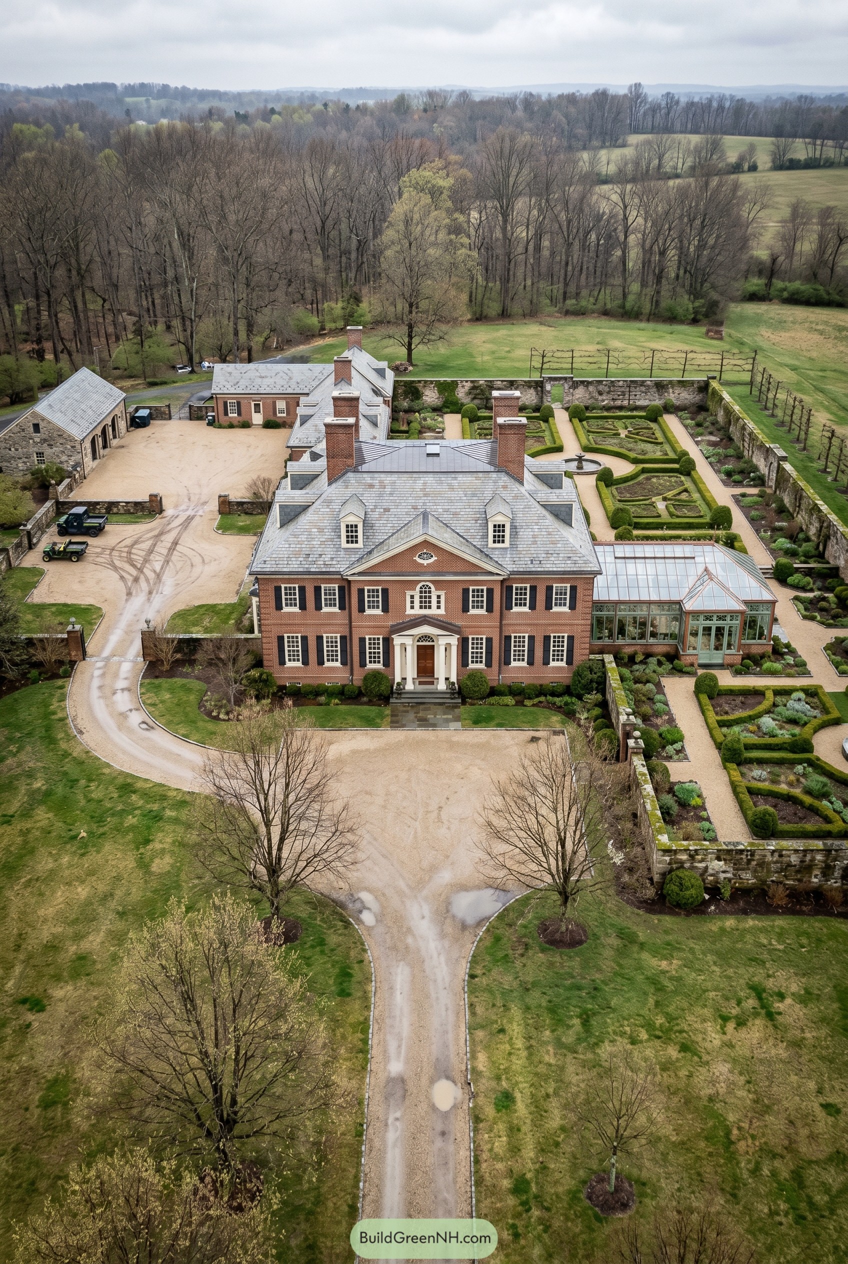 Aerial view of a brick colonial estate with walled gardens and a glass conservatory