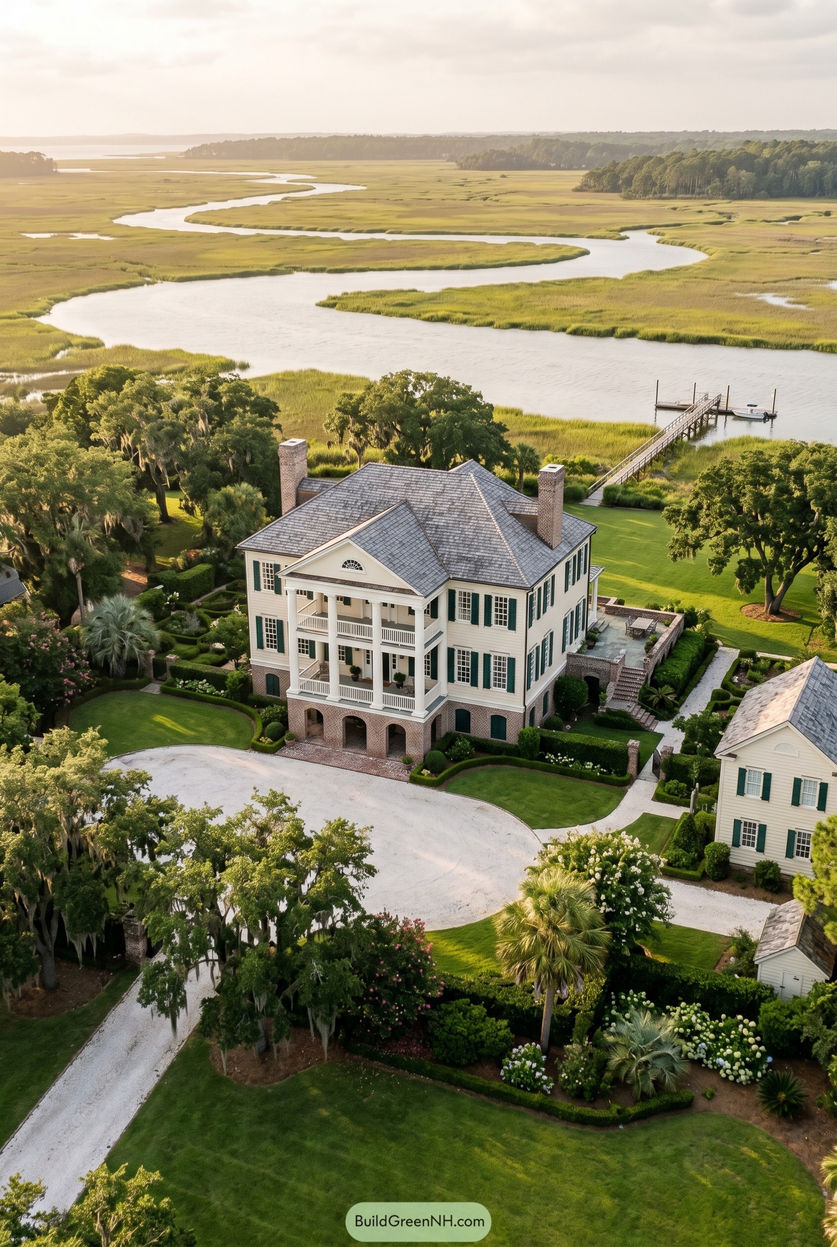 Colonial mansion above a winding marsh with dock