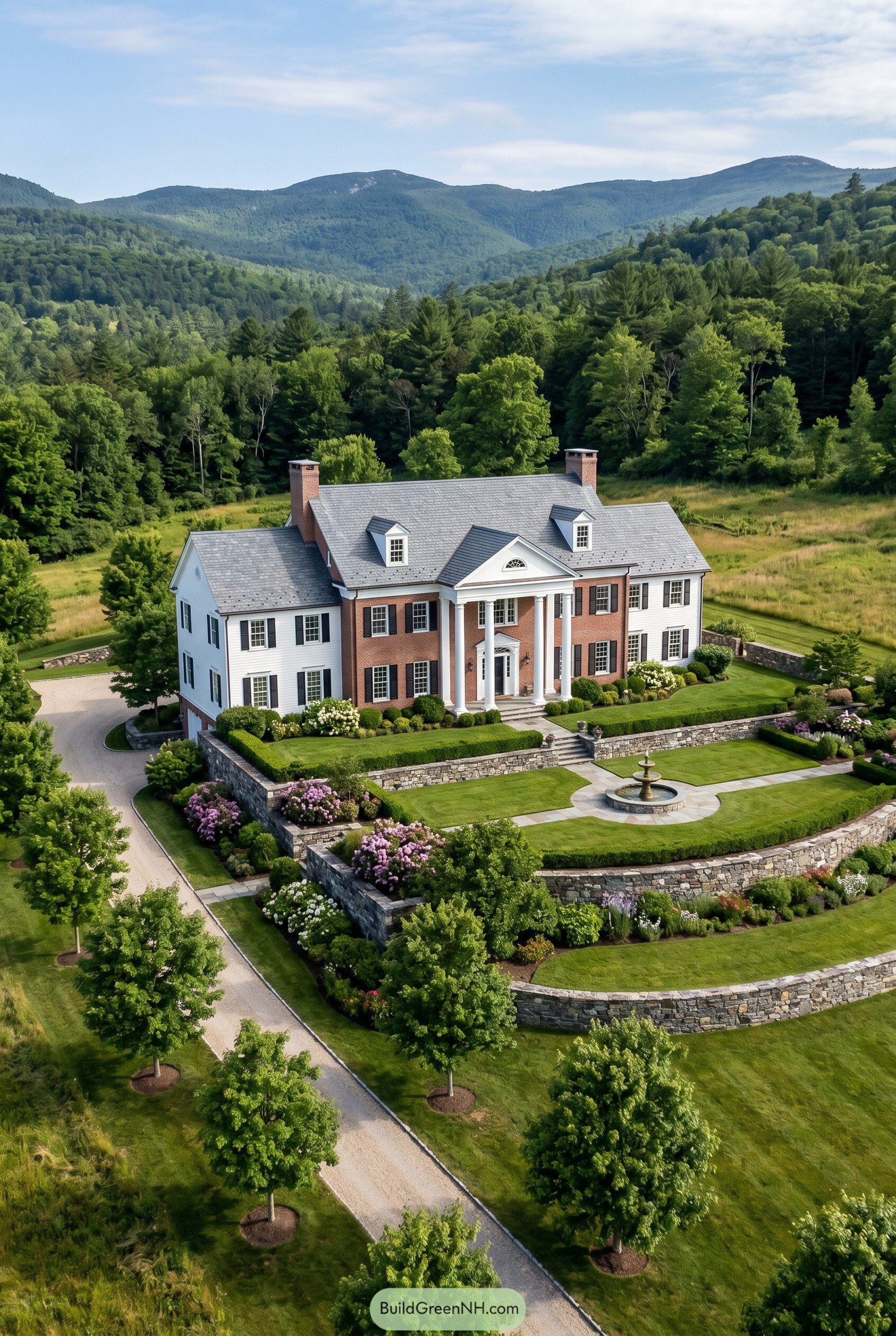 Brick and clapboard colonial mansion with terraced gardens and fountain