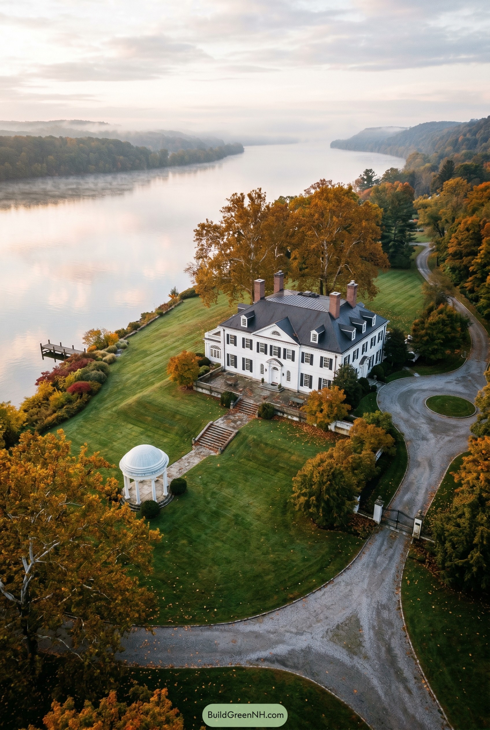 White colonial mansion on a river bluff with gazebo