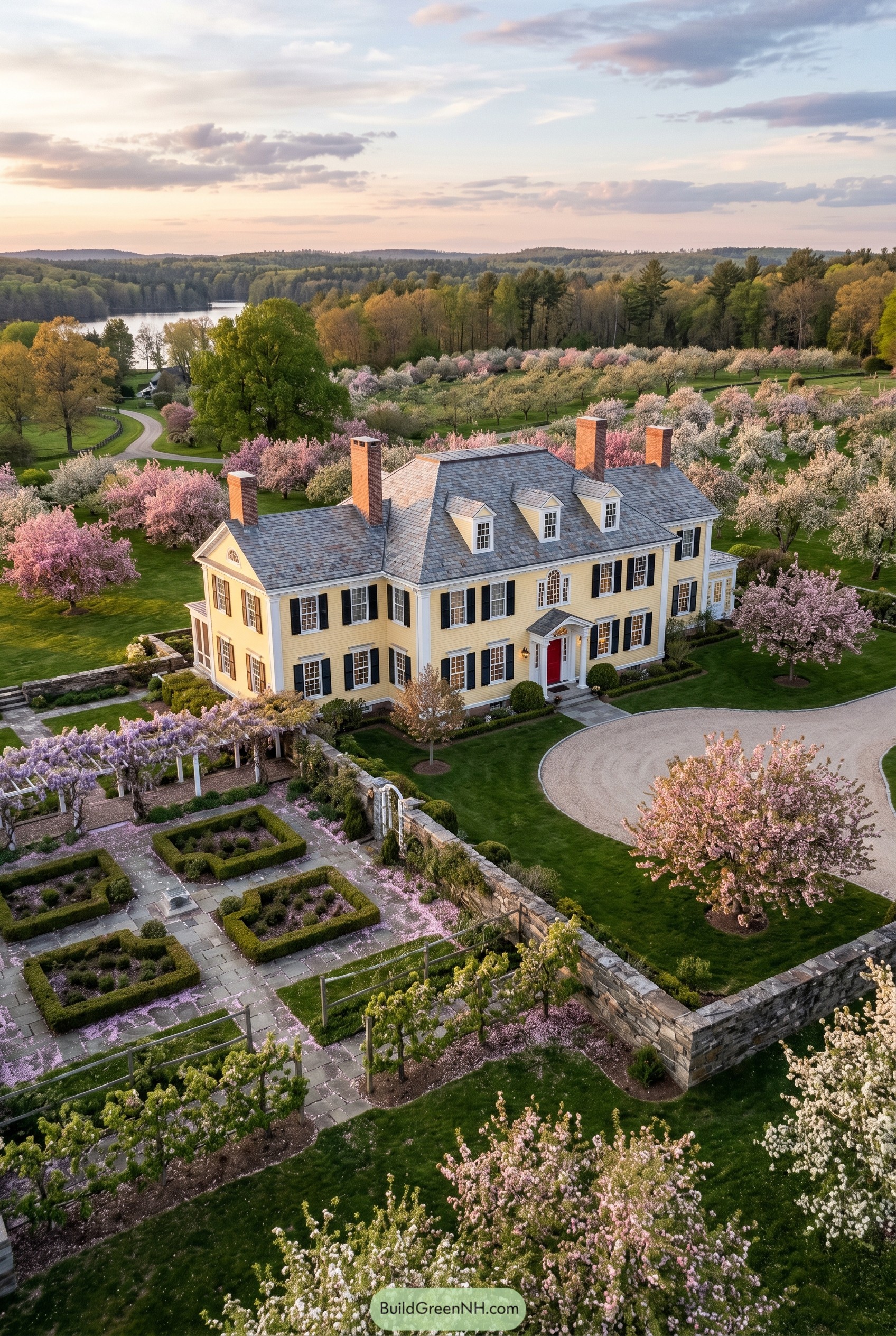 Yellow colonial mansion with walled spring garden