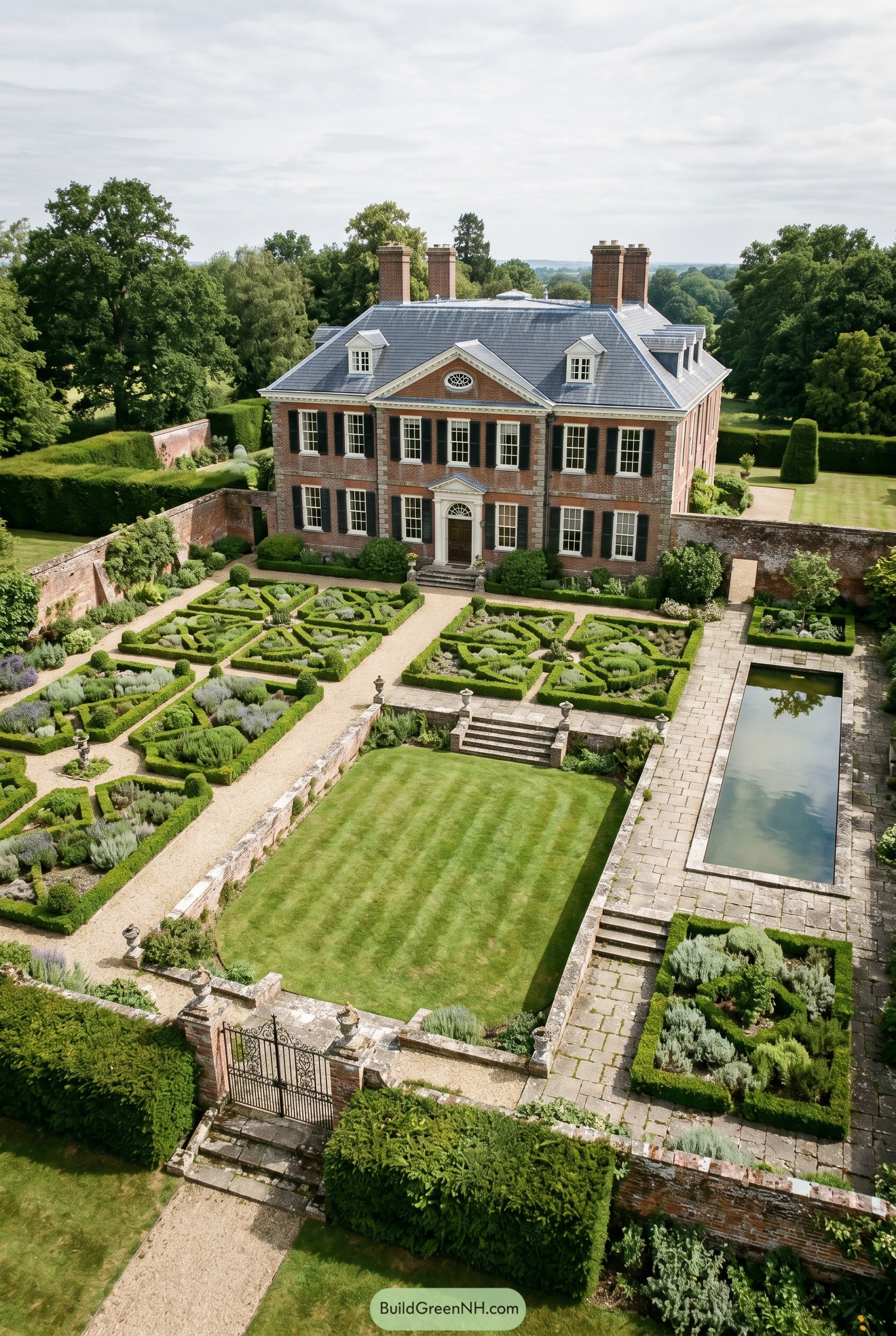 Brick Georgian manor with parterre garden and reflecting pool