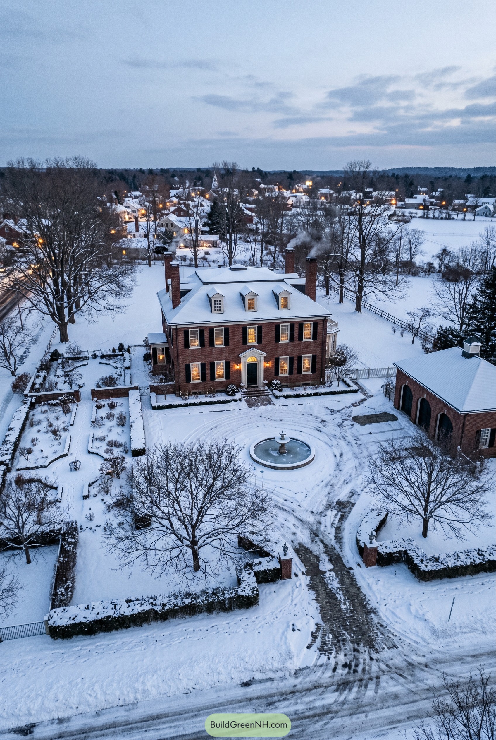 Snow covered brick colonial with frozen fountain