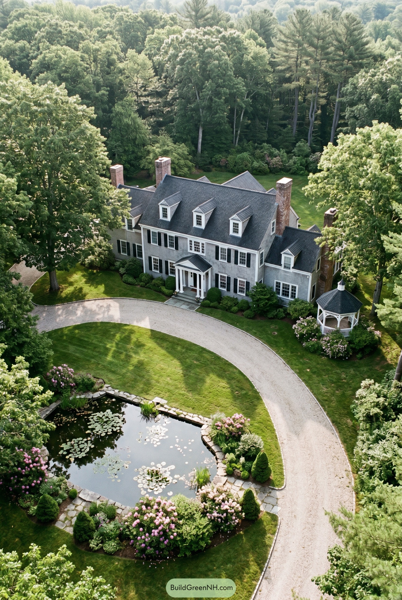 Aerial view of a gray colonial mansion with a pond and gazebo