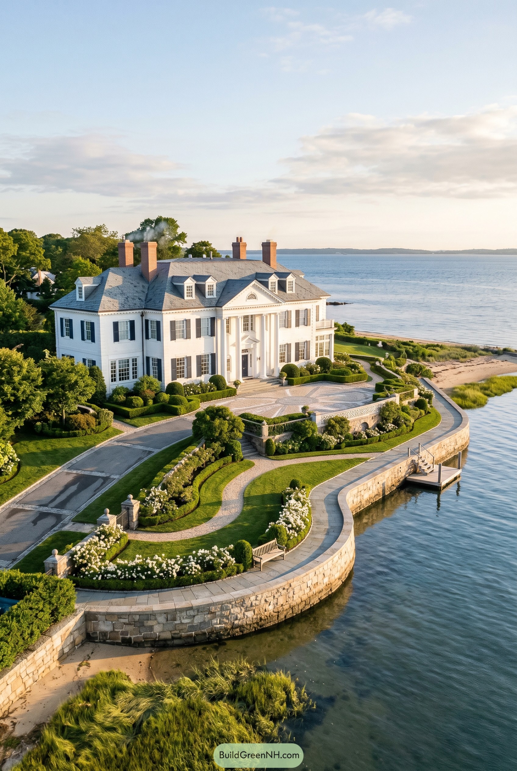 White waterfront colonial mansion with curved seawall garden