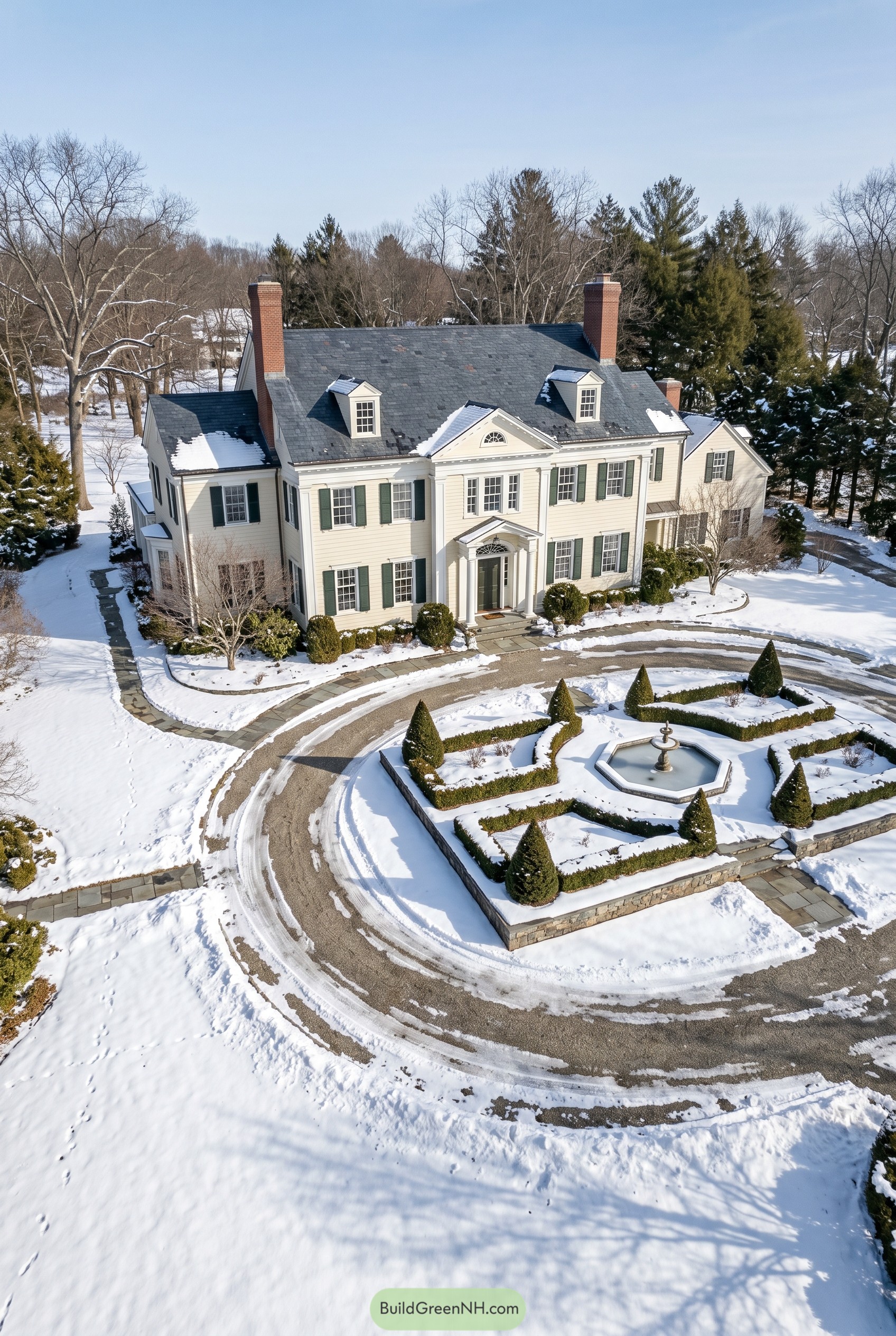 White colonial mansion with fountain court in snow