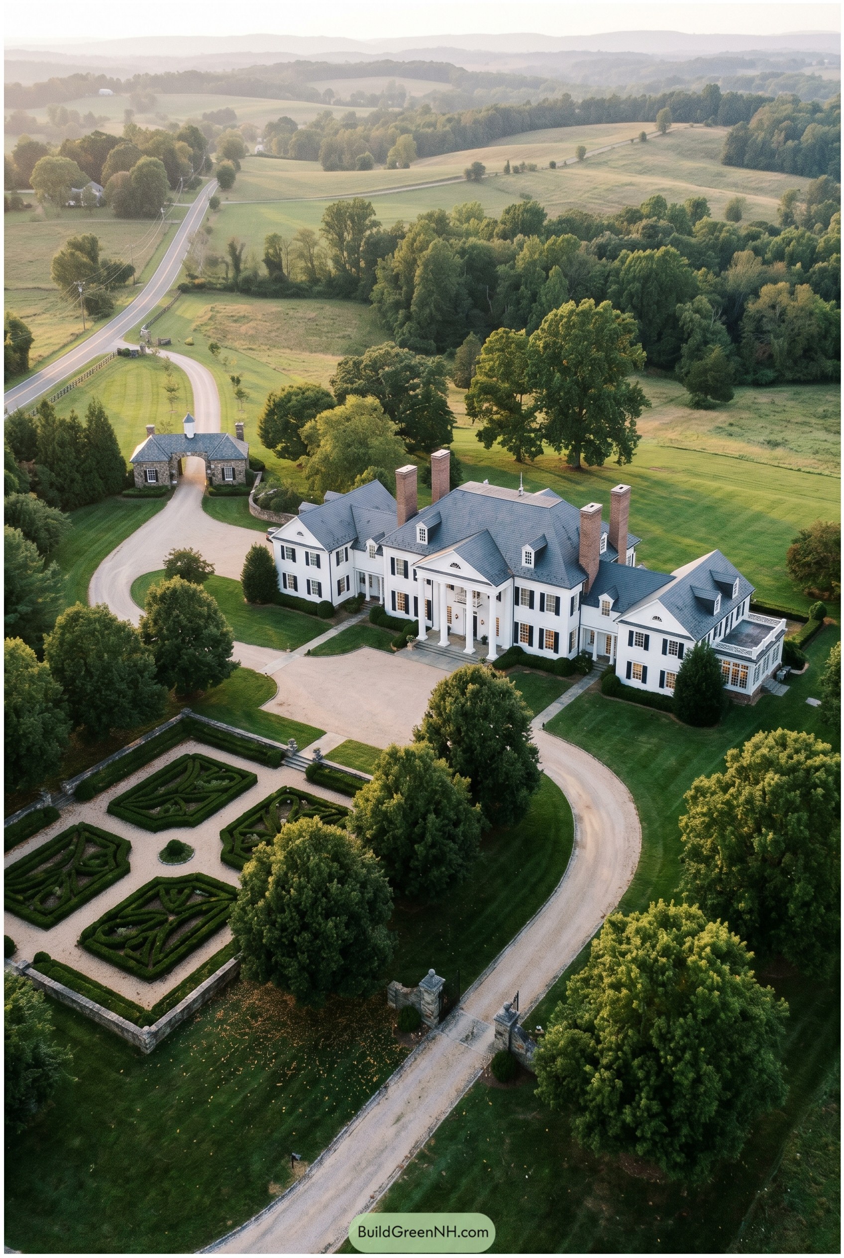Aerial view of a white colonial estate with parterre garden