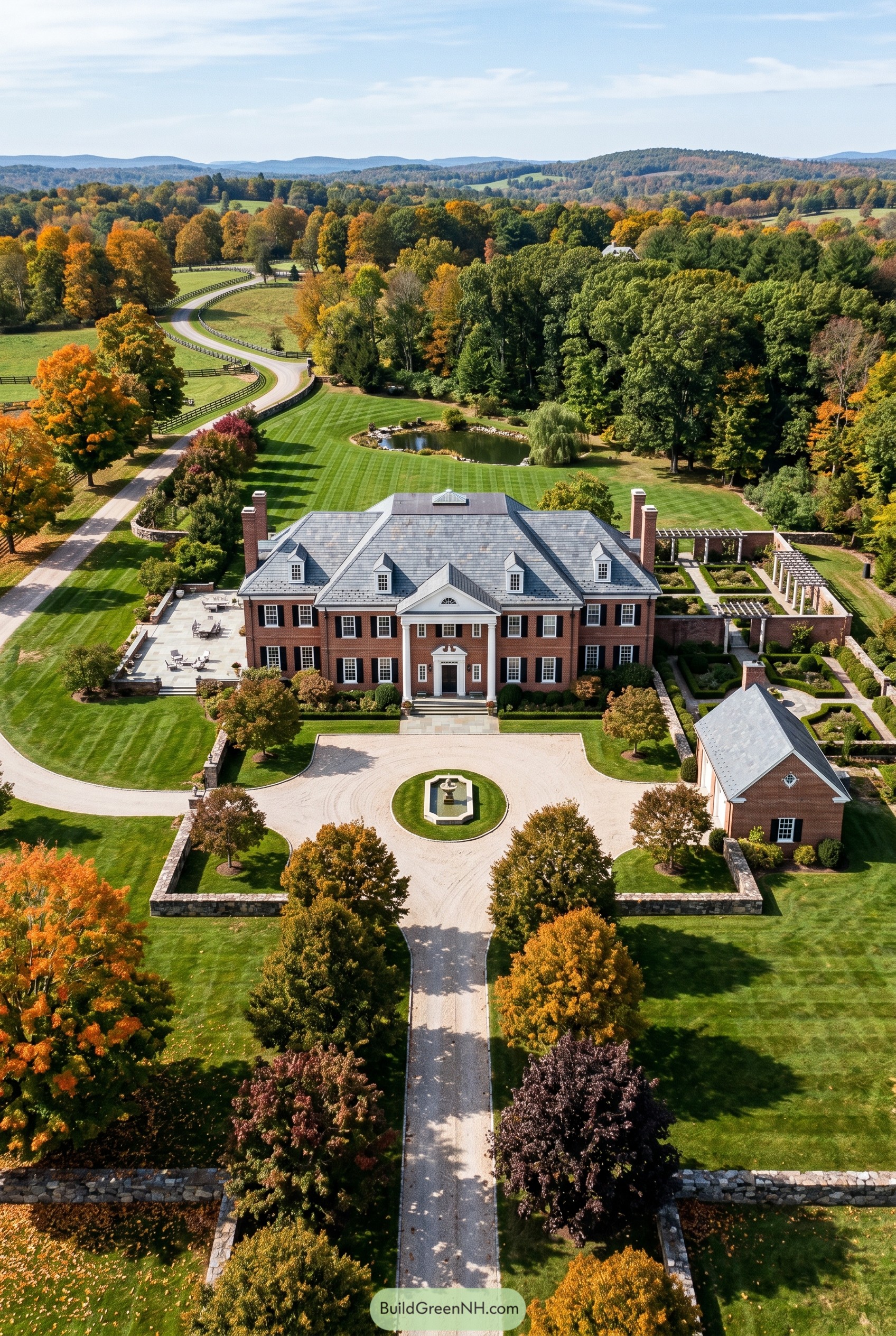 Aerial view of a brick colonial mansion with a fountain court