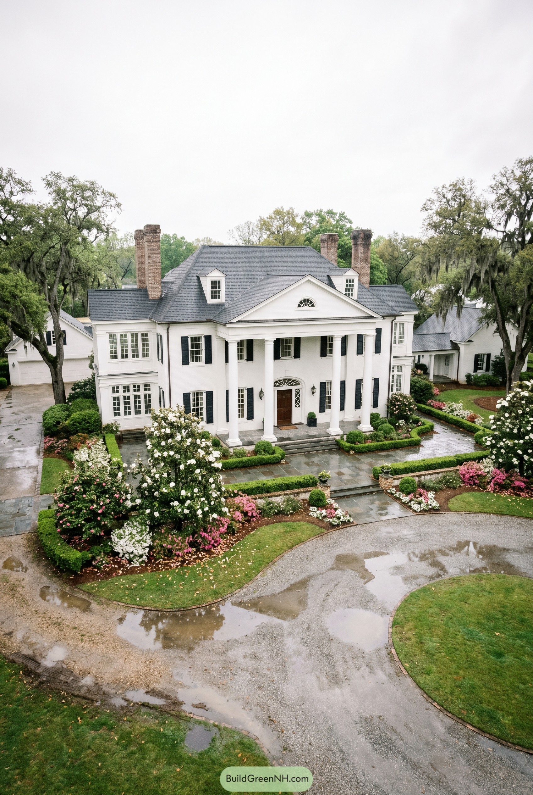 White colonial mansion with rose gardens