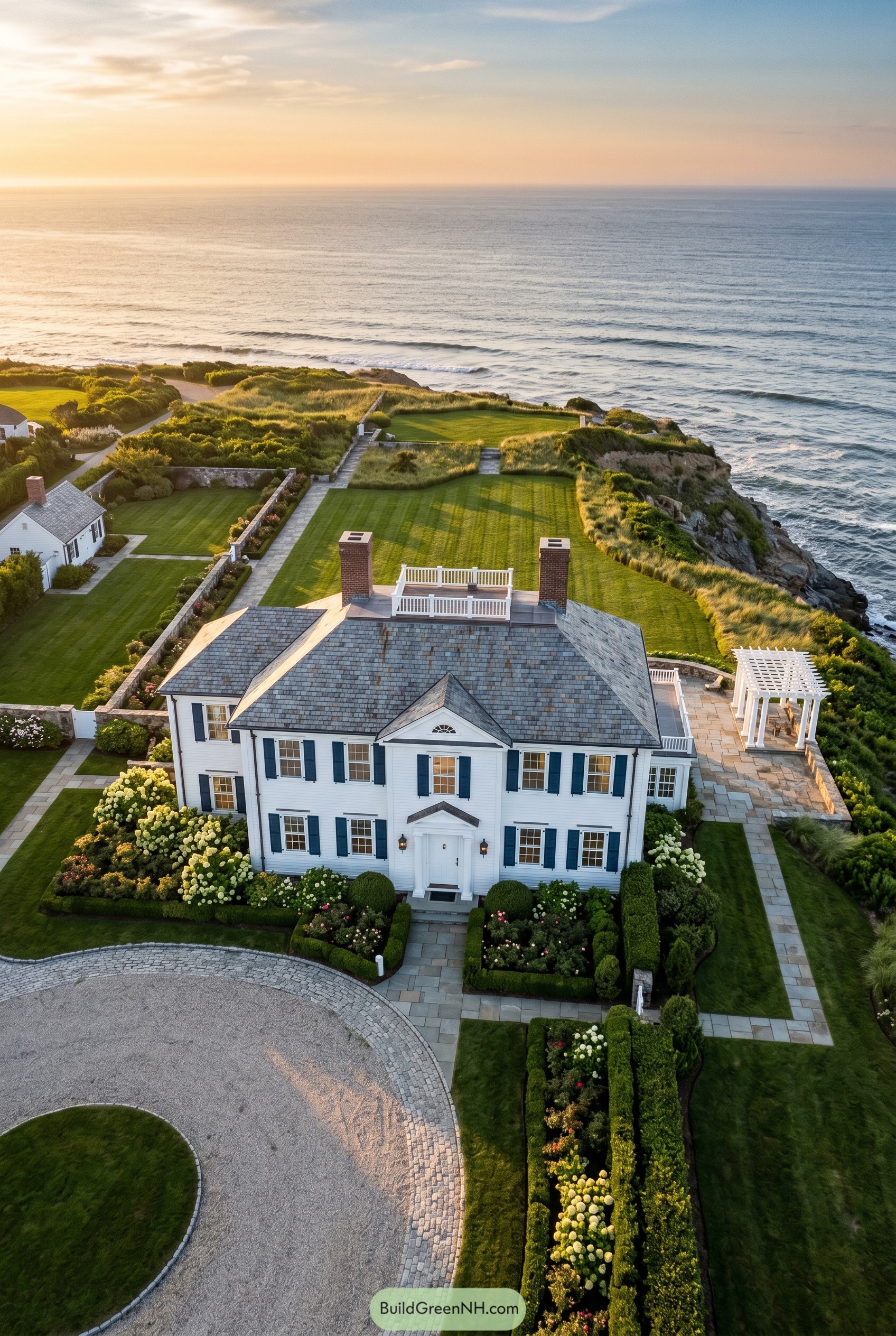 White colonial mansion on an ocean bluff