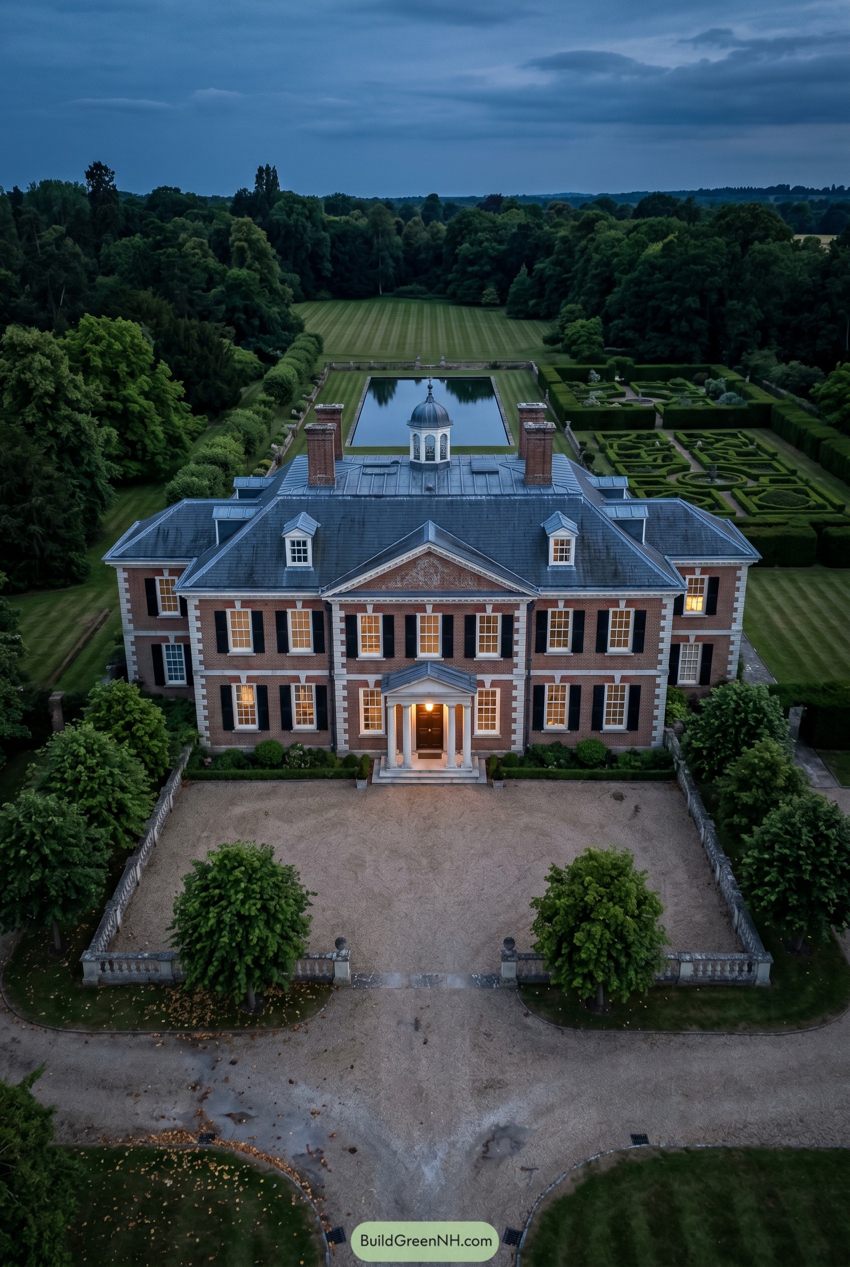 Brick colonial mansion with reflecting pool