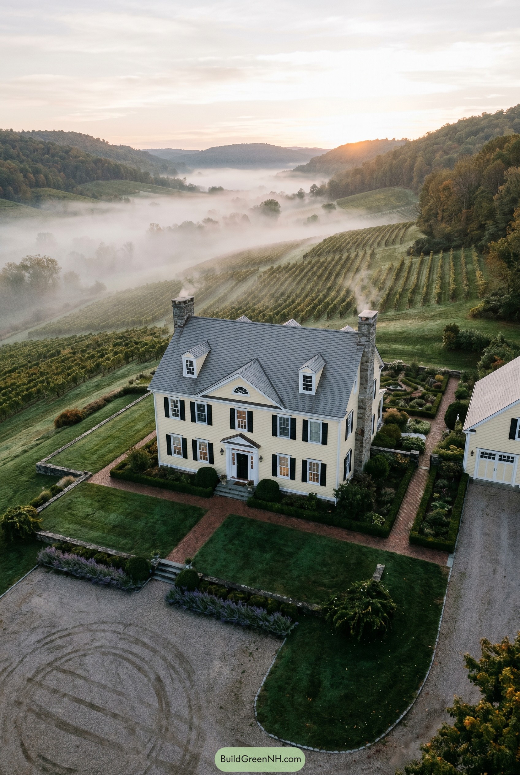 Yellow colonial house with black shutters above misty vineyards