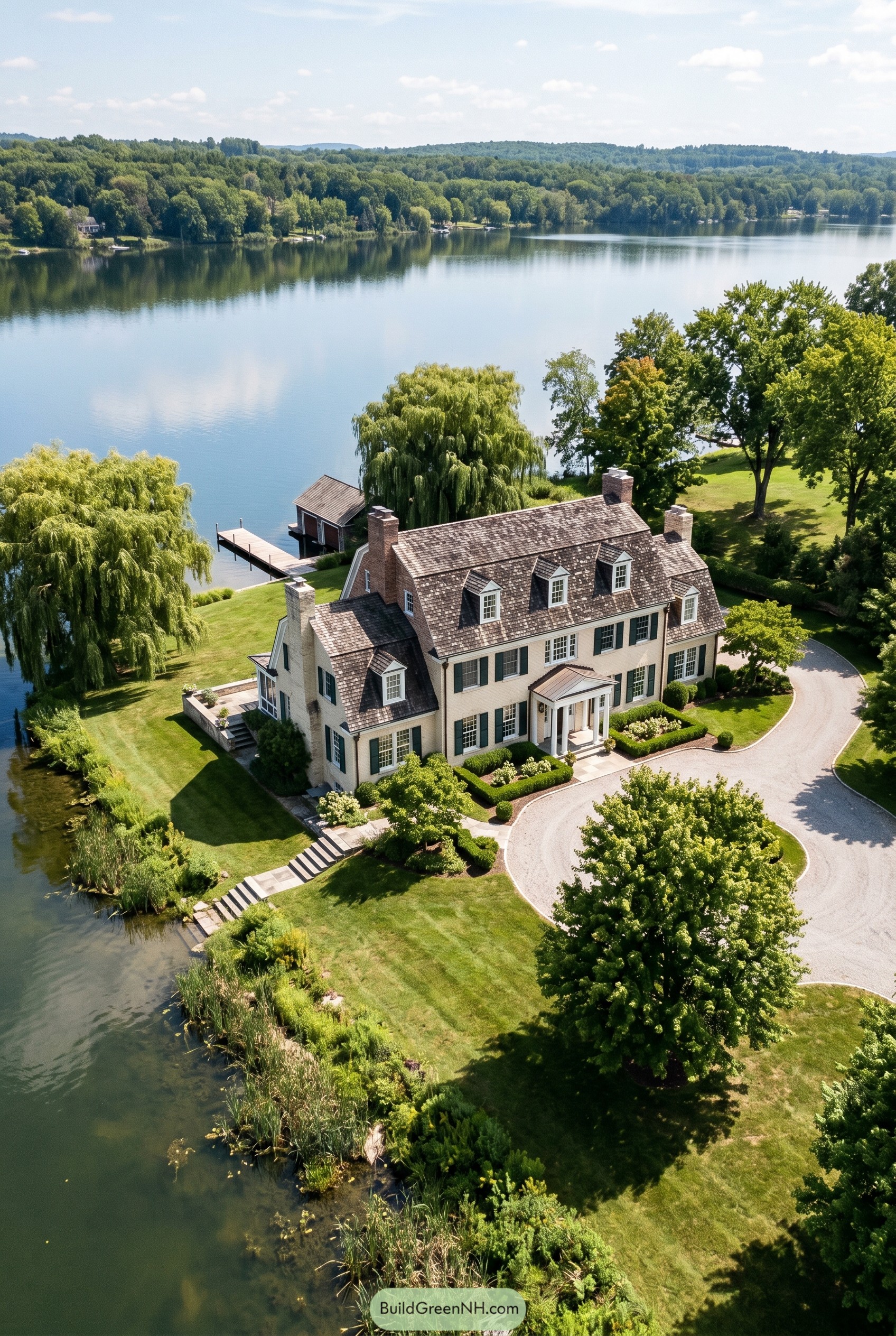 Lakeside colonial mansion with dock and boathouse