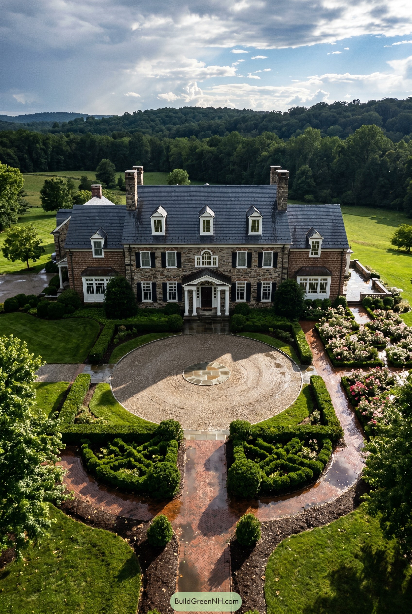 Stone and brick colonial mansion with circular drive