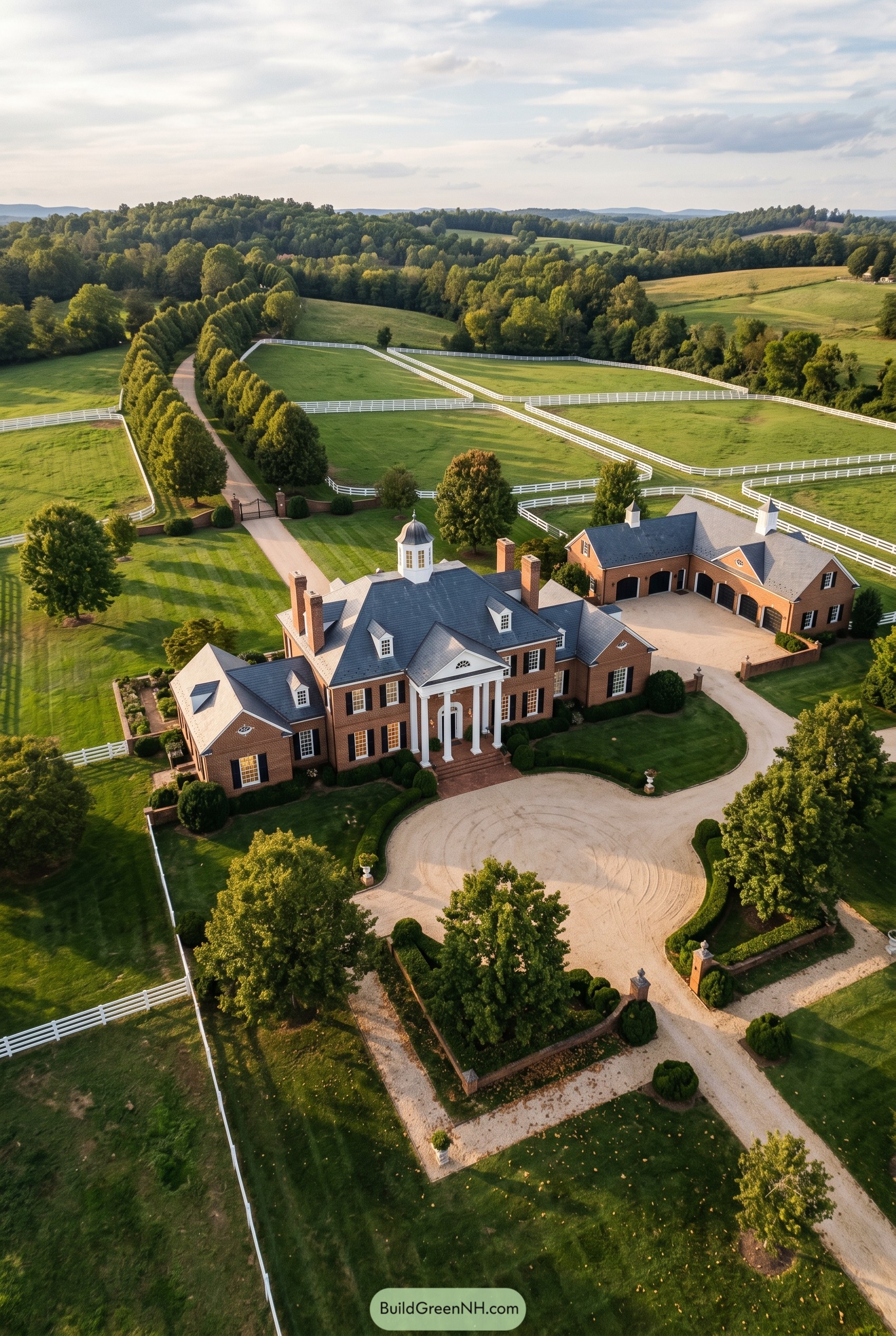 Aerial view of brick estate with fenced paddocks