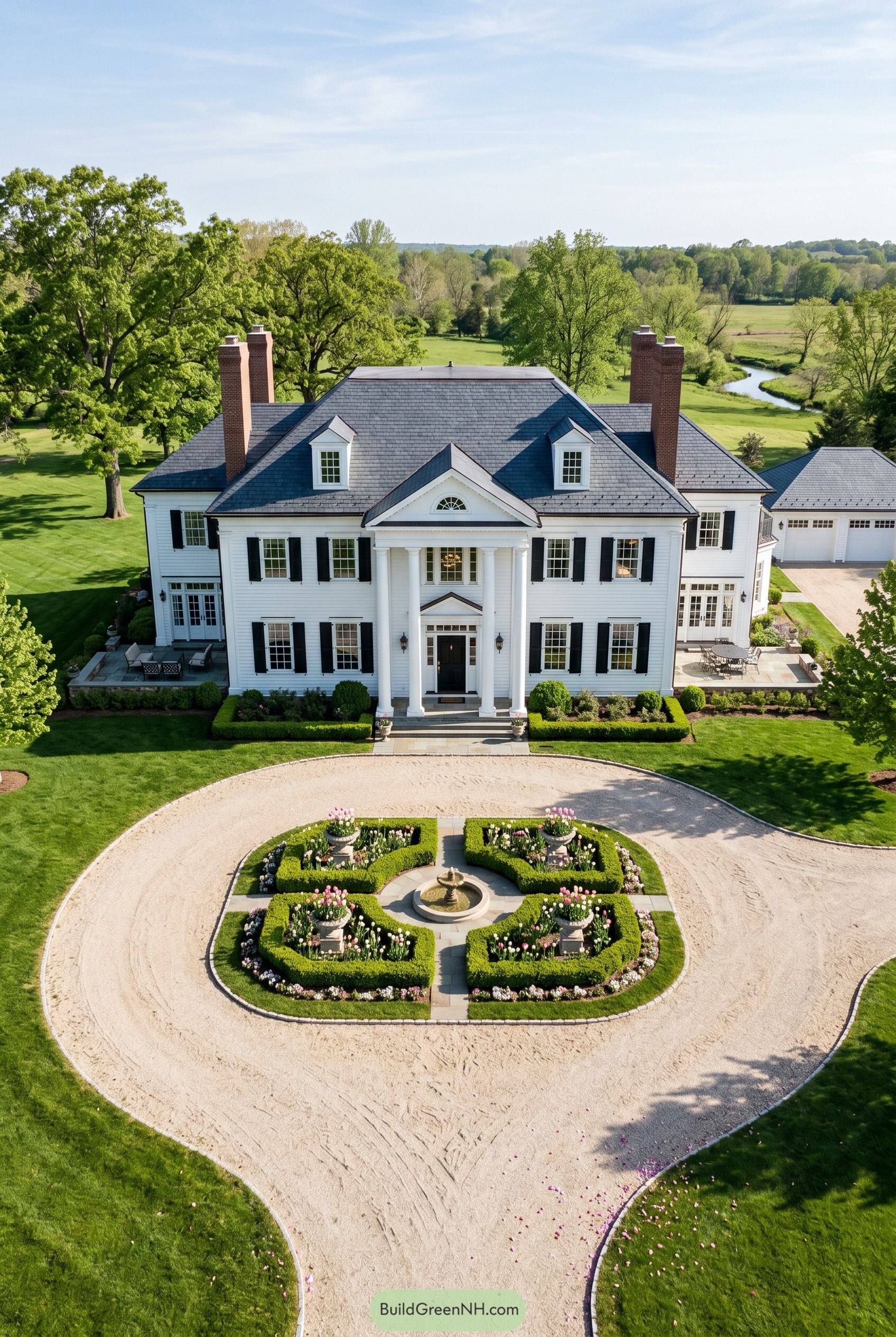 White colonial mansion with circular drive and fountain garden
