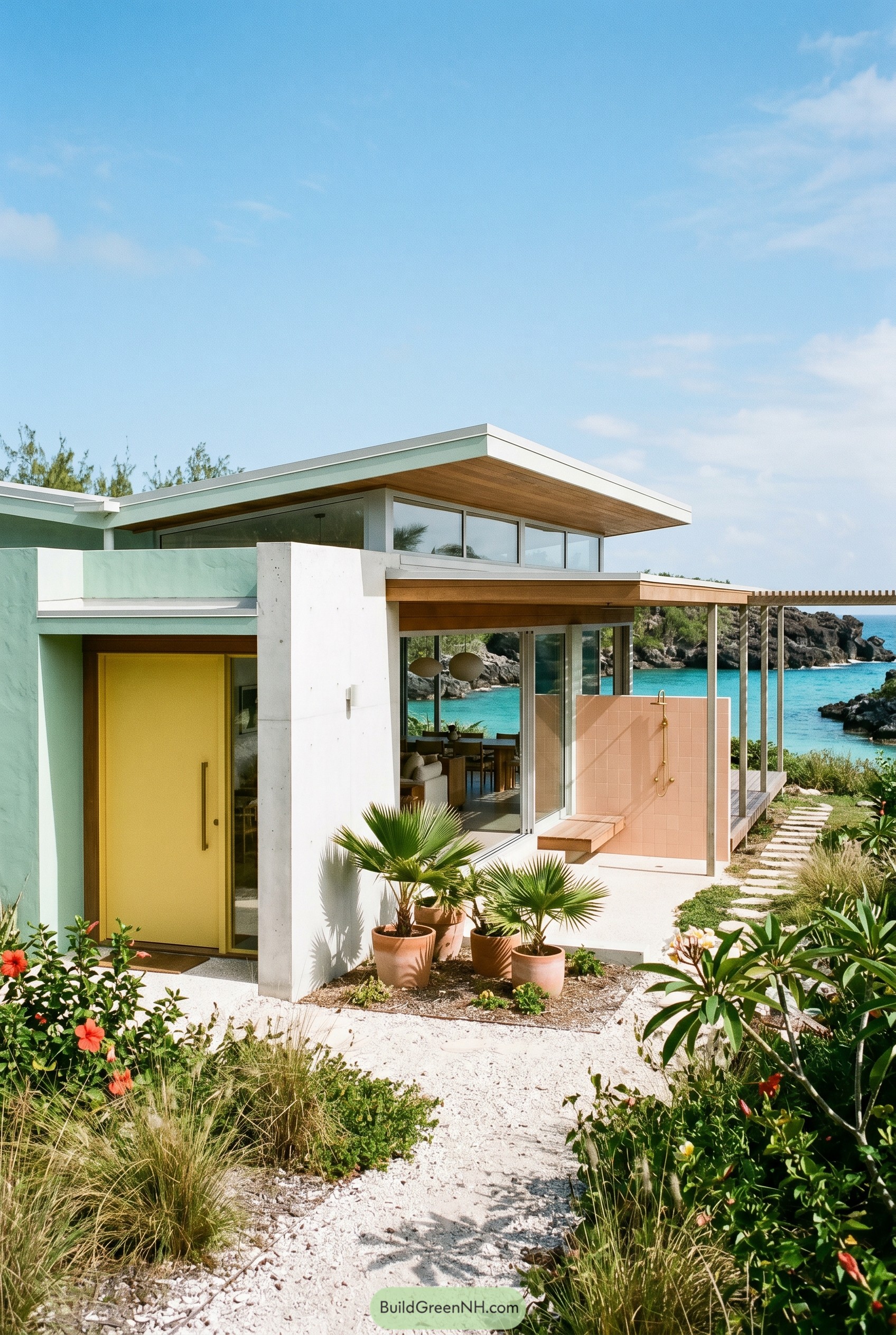 Modern pastel beach house with yellow door