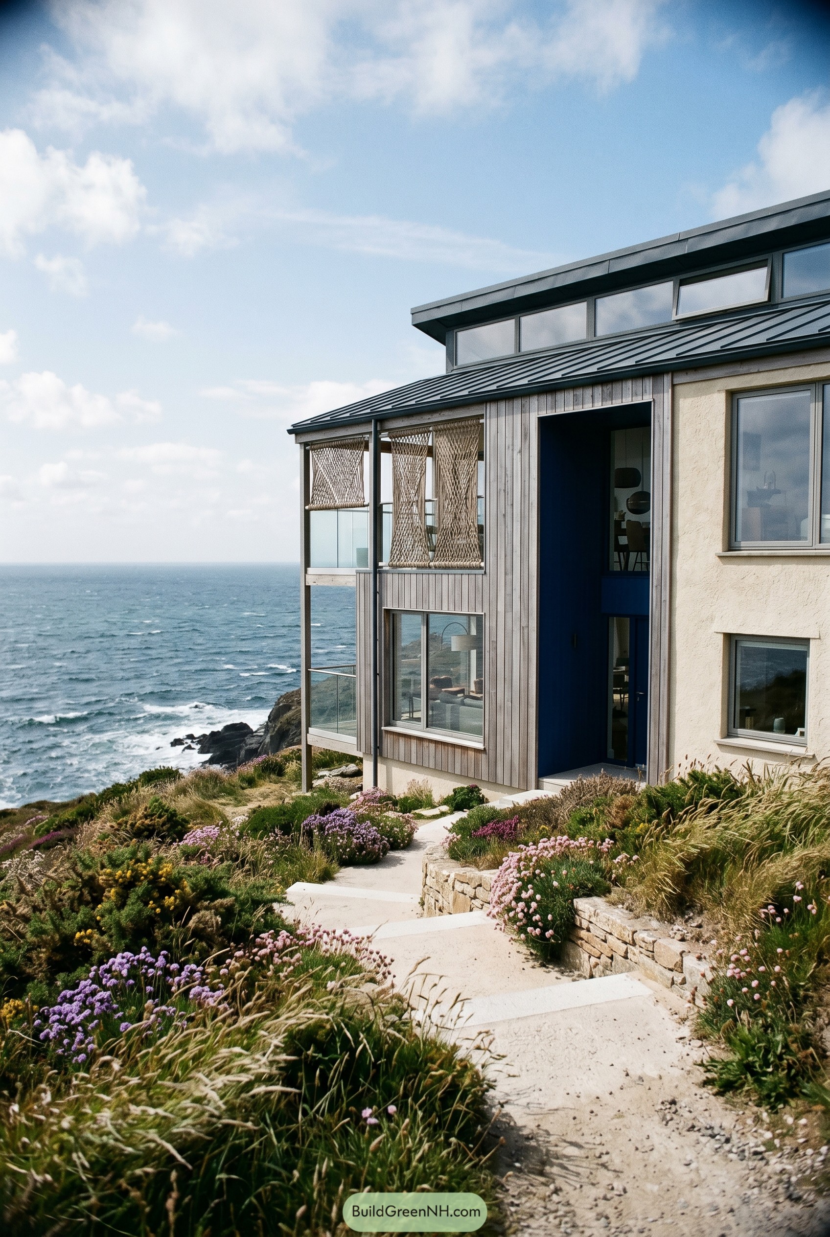 Modern cliffside coastal home with blue entry