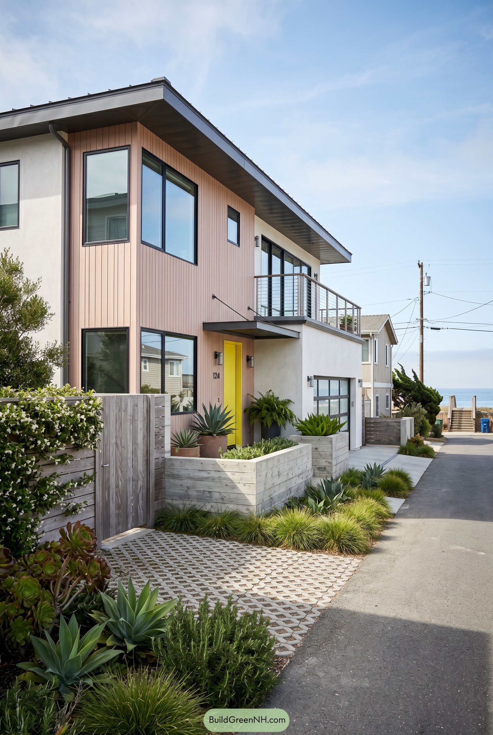 Modern coastal house with blush siding and yellow door