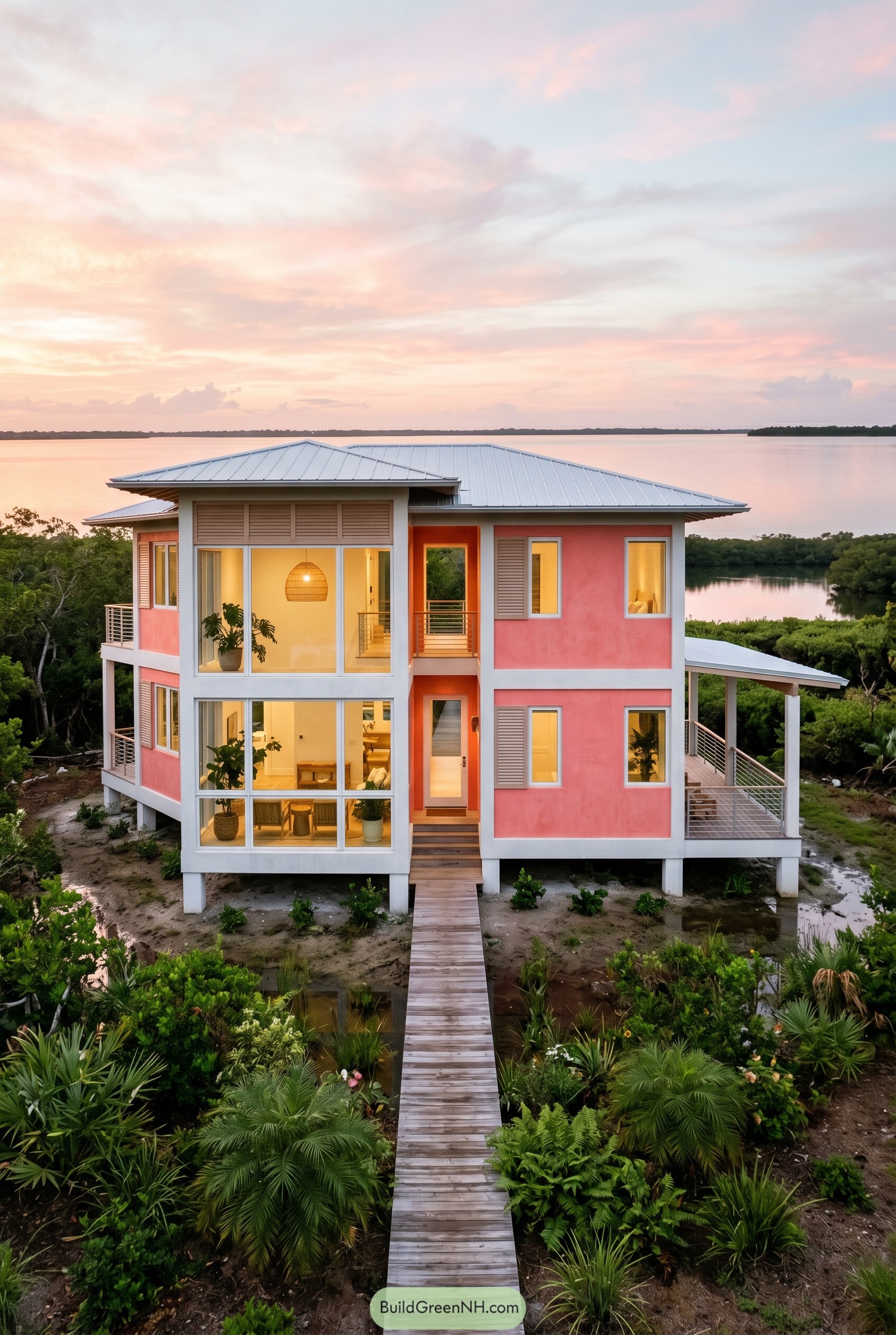 Pink stilted coastal home beside mangroves at sunset