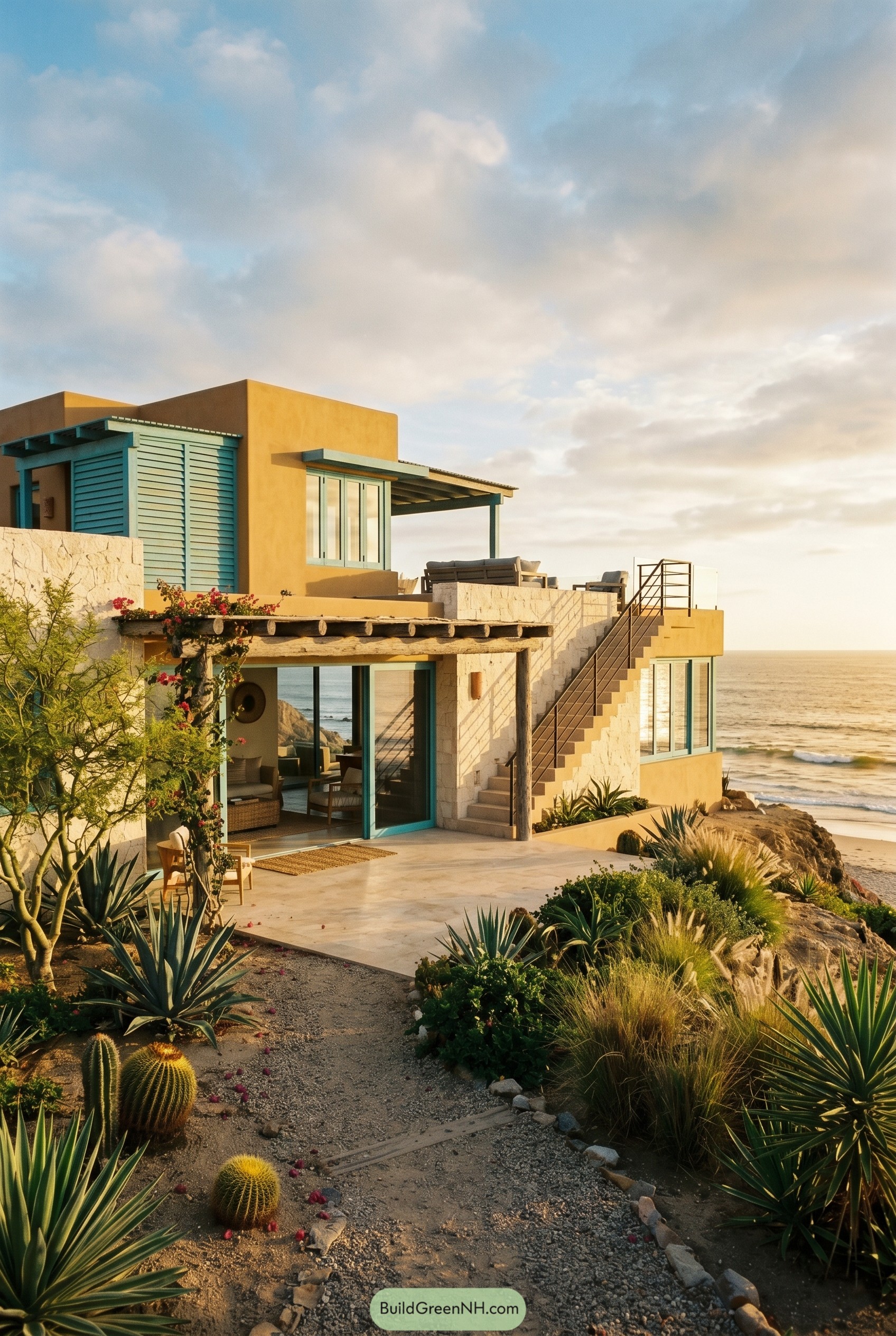 Ochre cliffside coastal house with turquoise trim