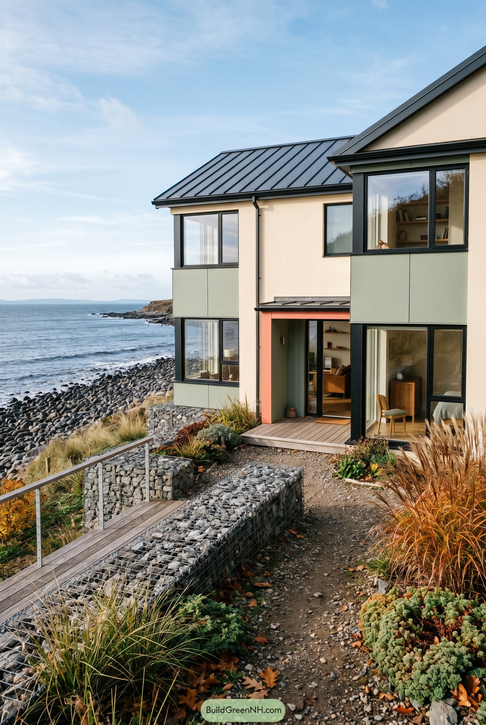 Modern coastal house with coral entry by rocky shore
