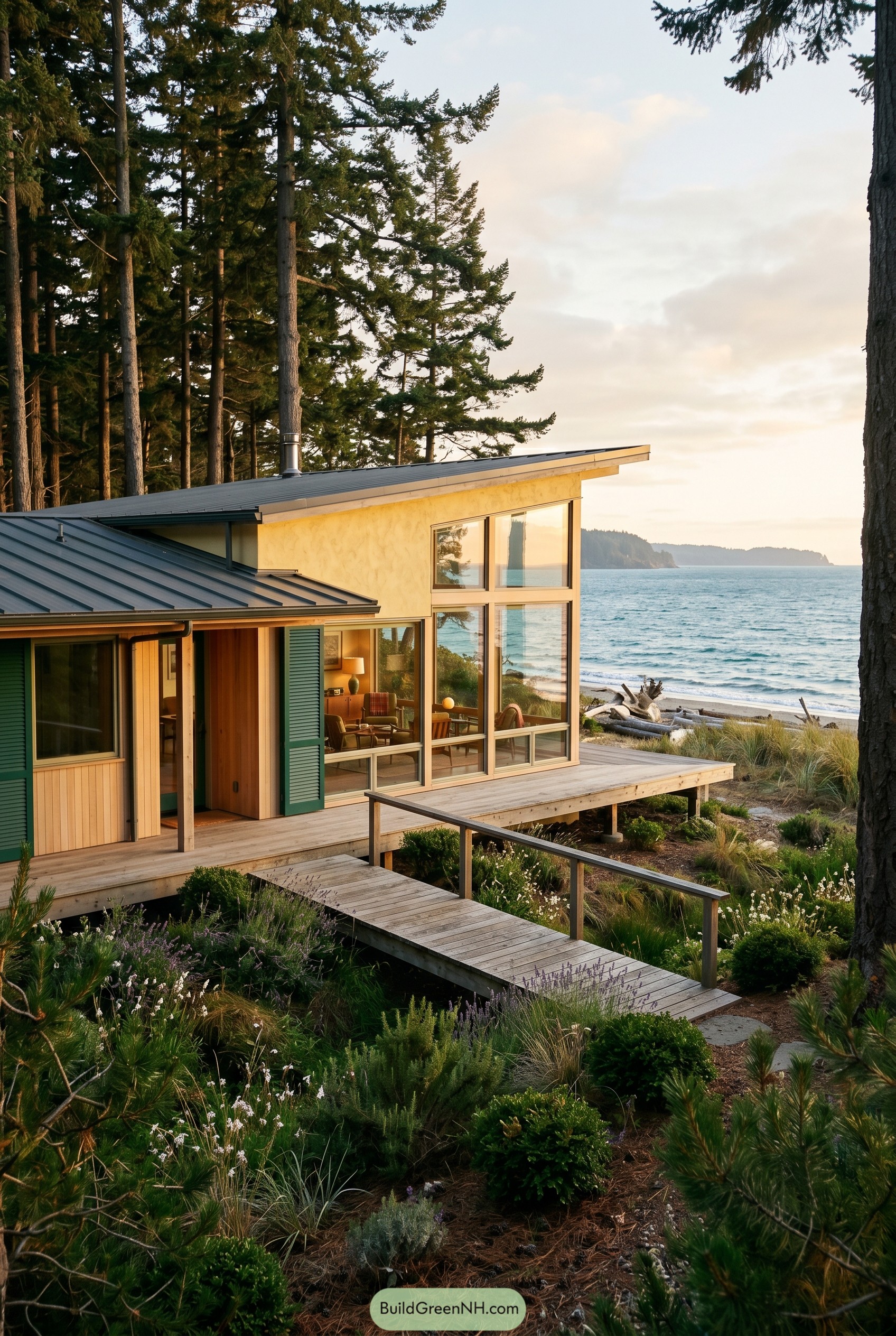 Yellow modern coastal cottage with green shutters by the sea