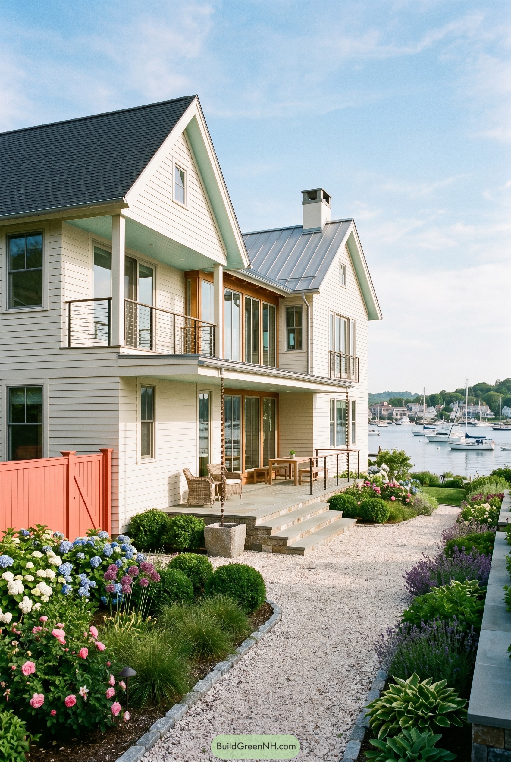 Coastal white house with coral gate and harbor view