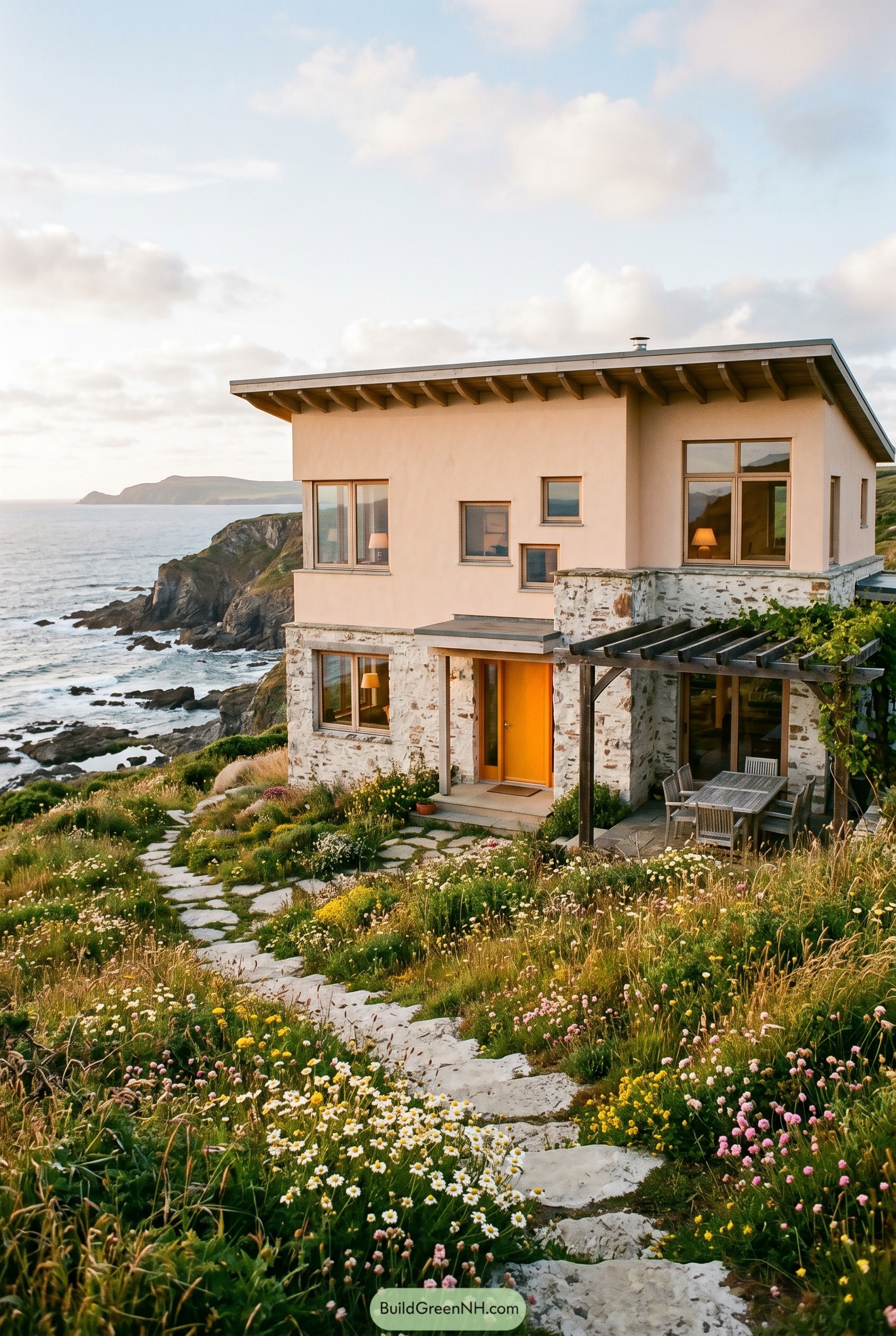Modern cliffside house with yellow door and wildflower garden