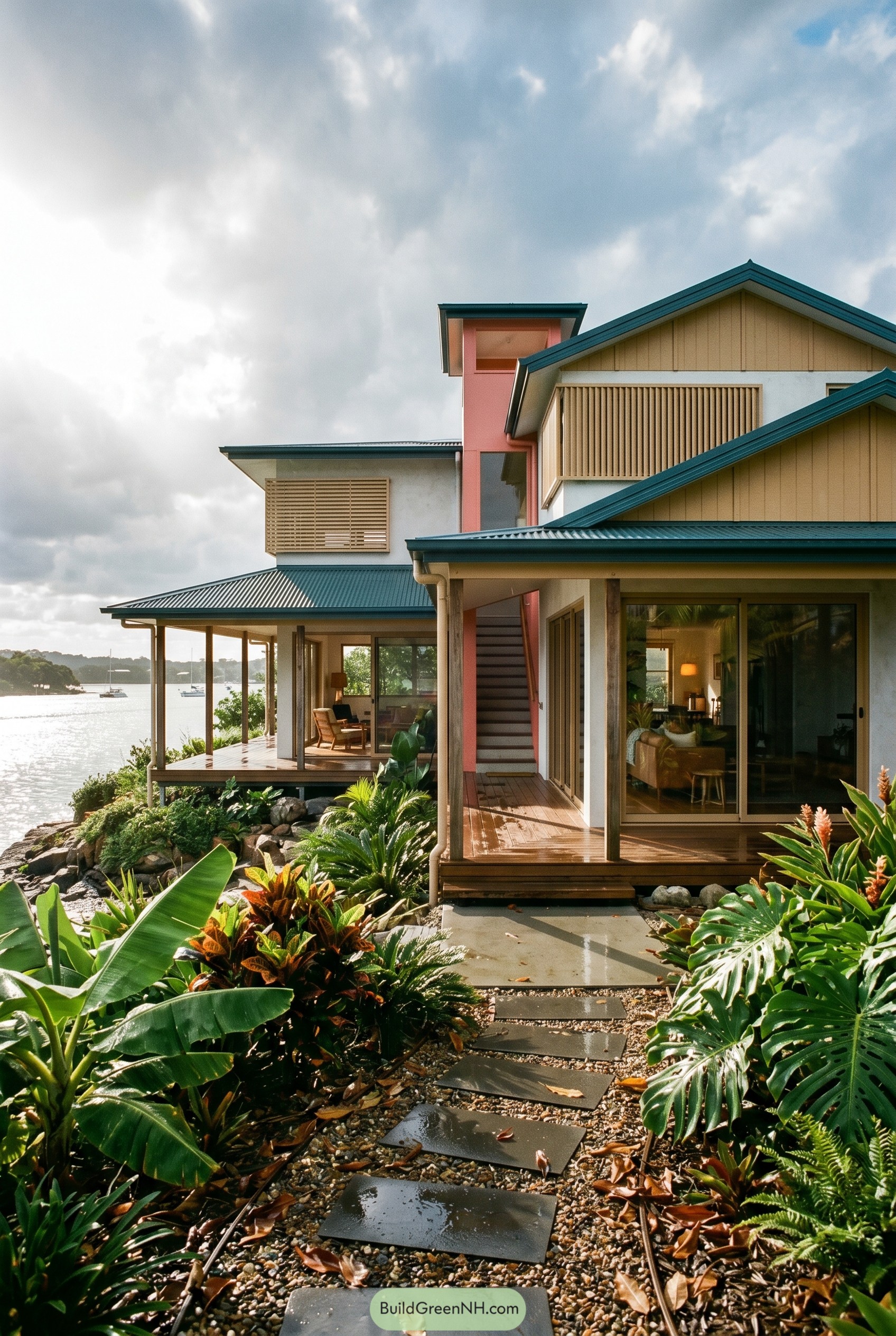 Colorful waterfront coastal house with a pink stair tower and wraparound timber decks