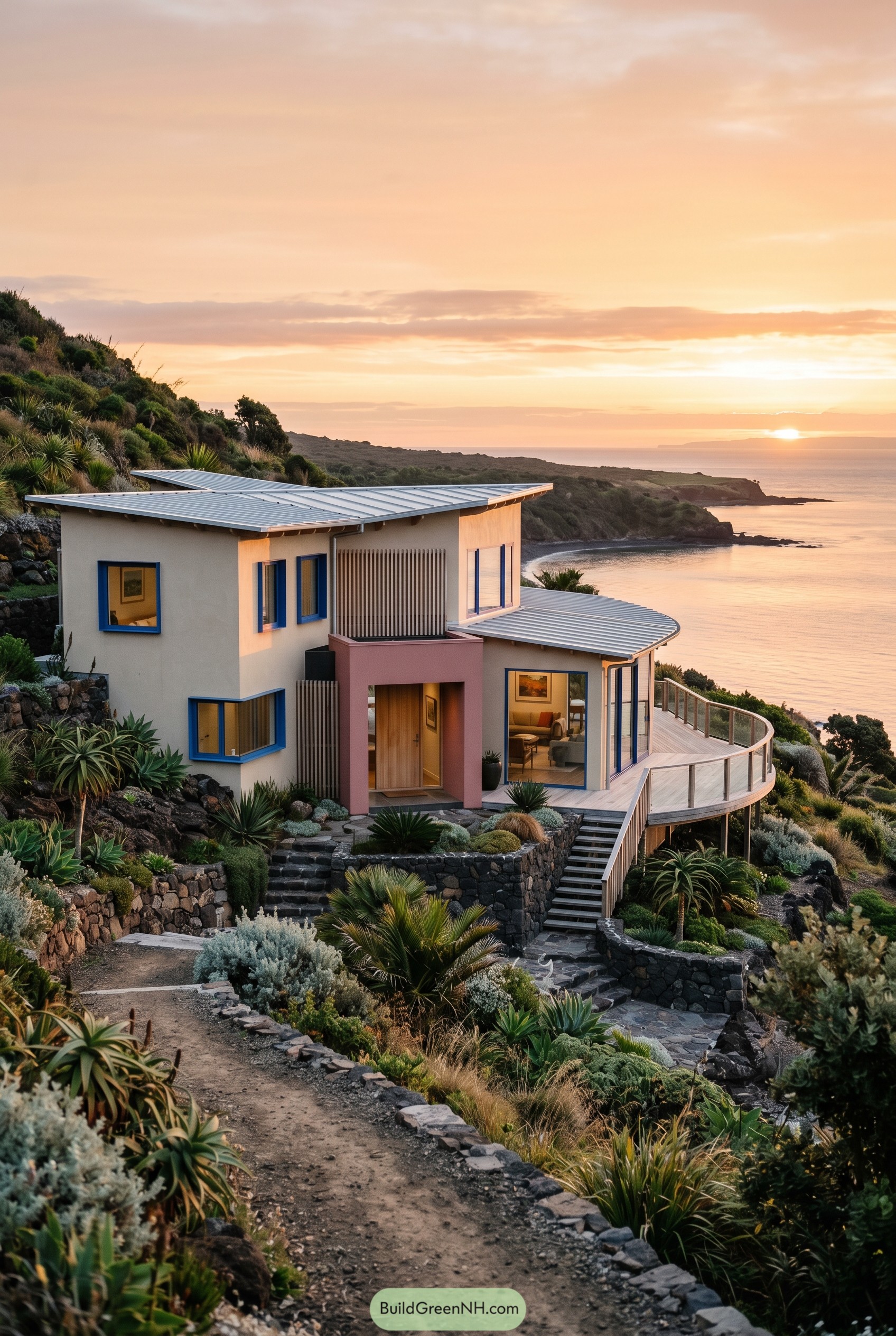 Modern hillside coastal house with curved deck