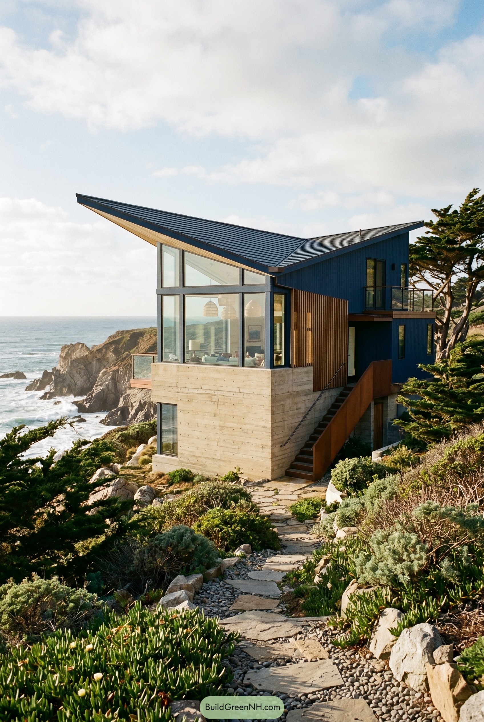 Blue modern coastal house on a rocky bluff