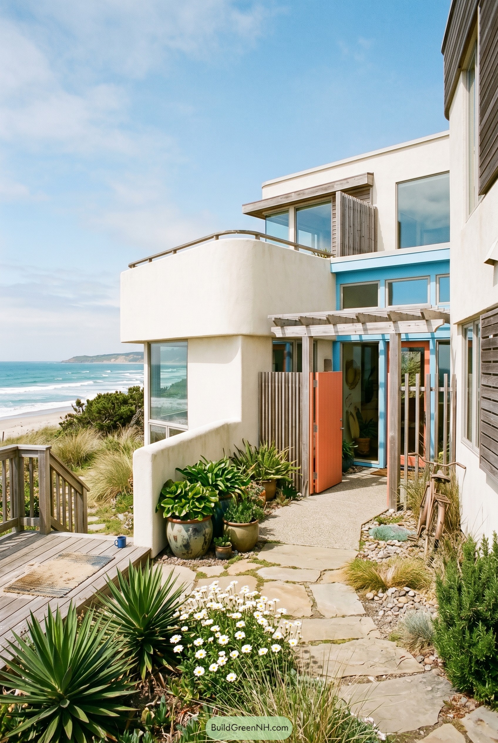 Modern coastal house with coral door and curved balcony