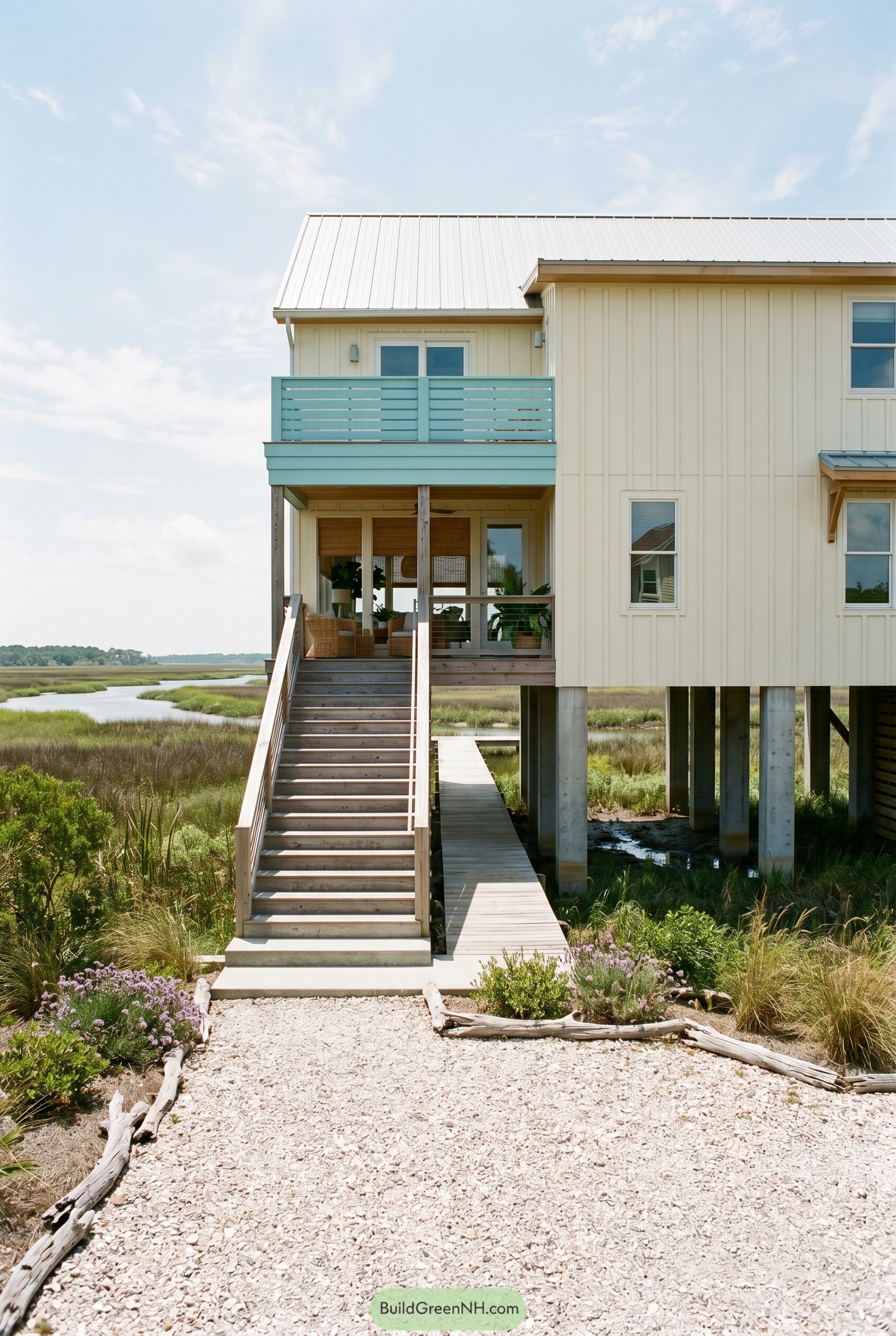 Elevated cream coastal house with aqua balcony by marsh