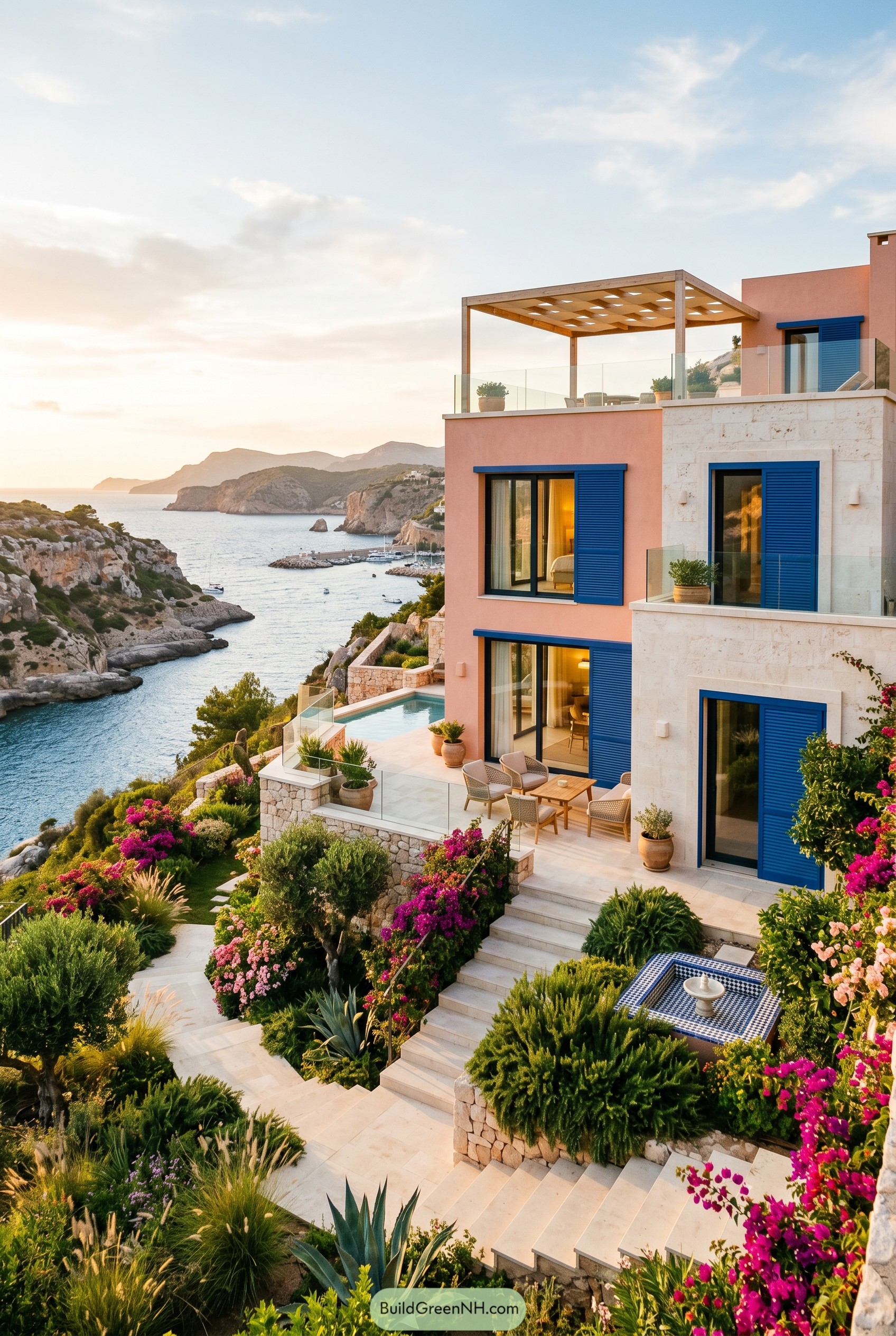 Peach cliffside villa with blue shutters and terraces