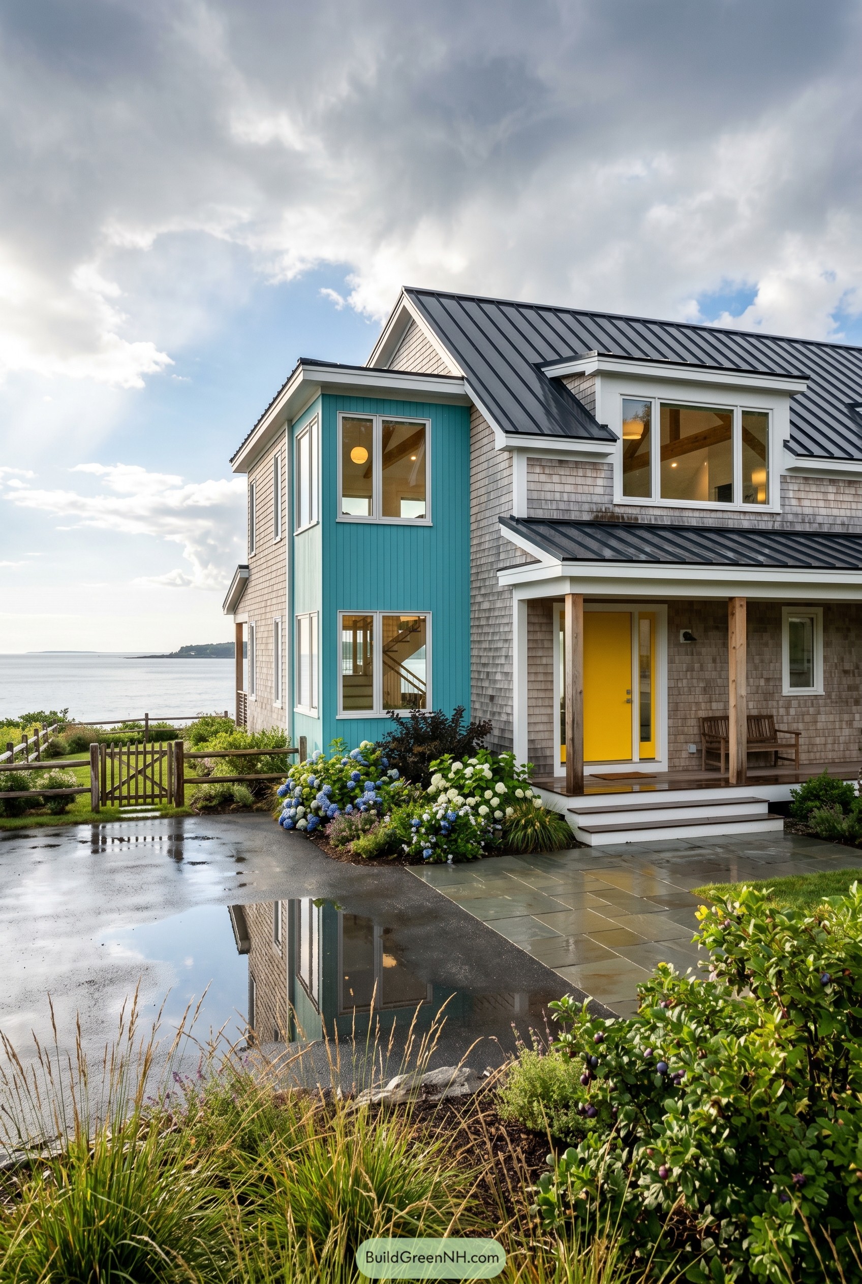 Coastal shingle house with teal siding and yellow door