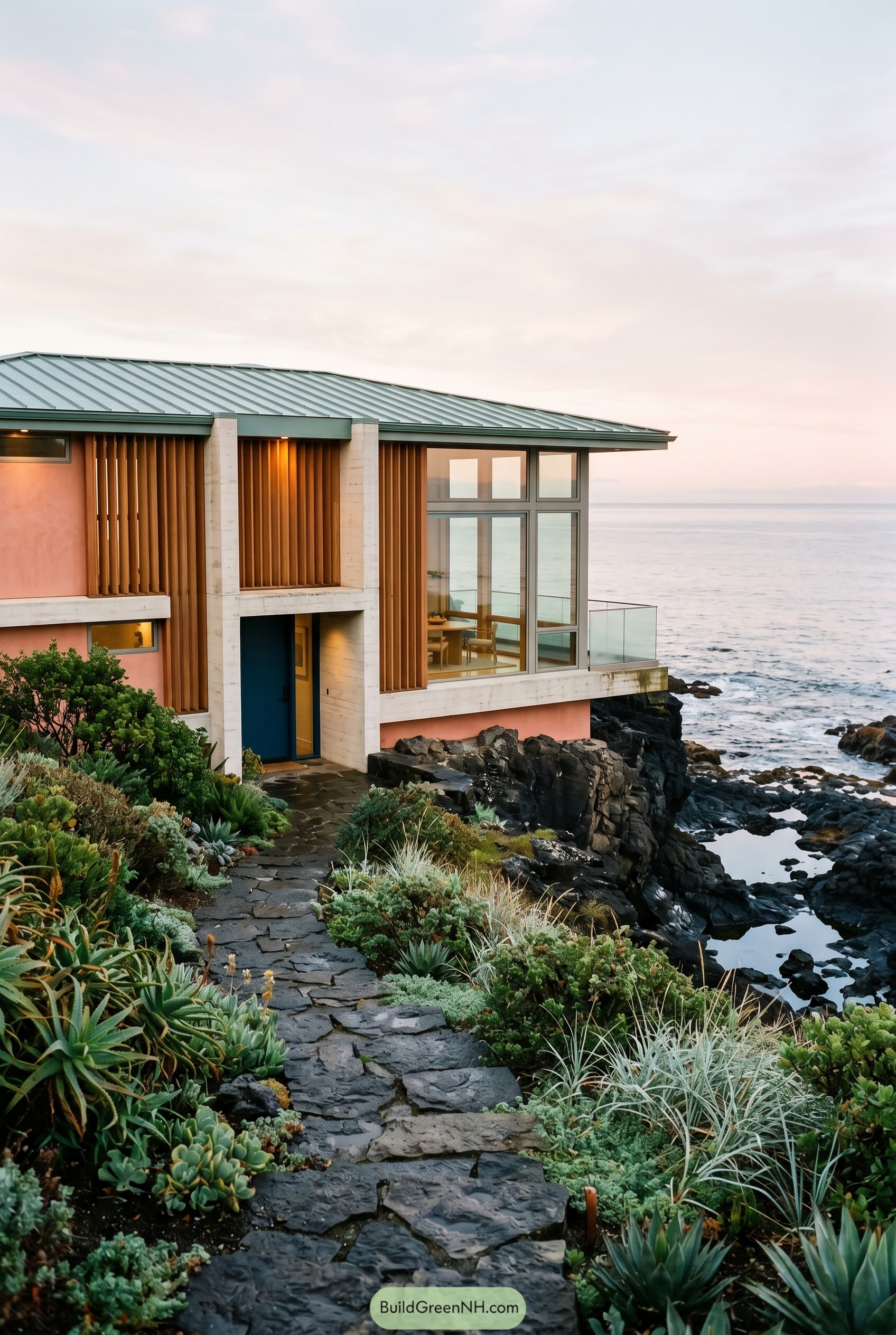 Pink modern cliffside house with teal roof
