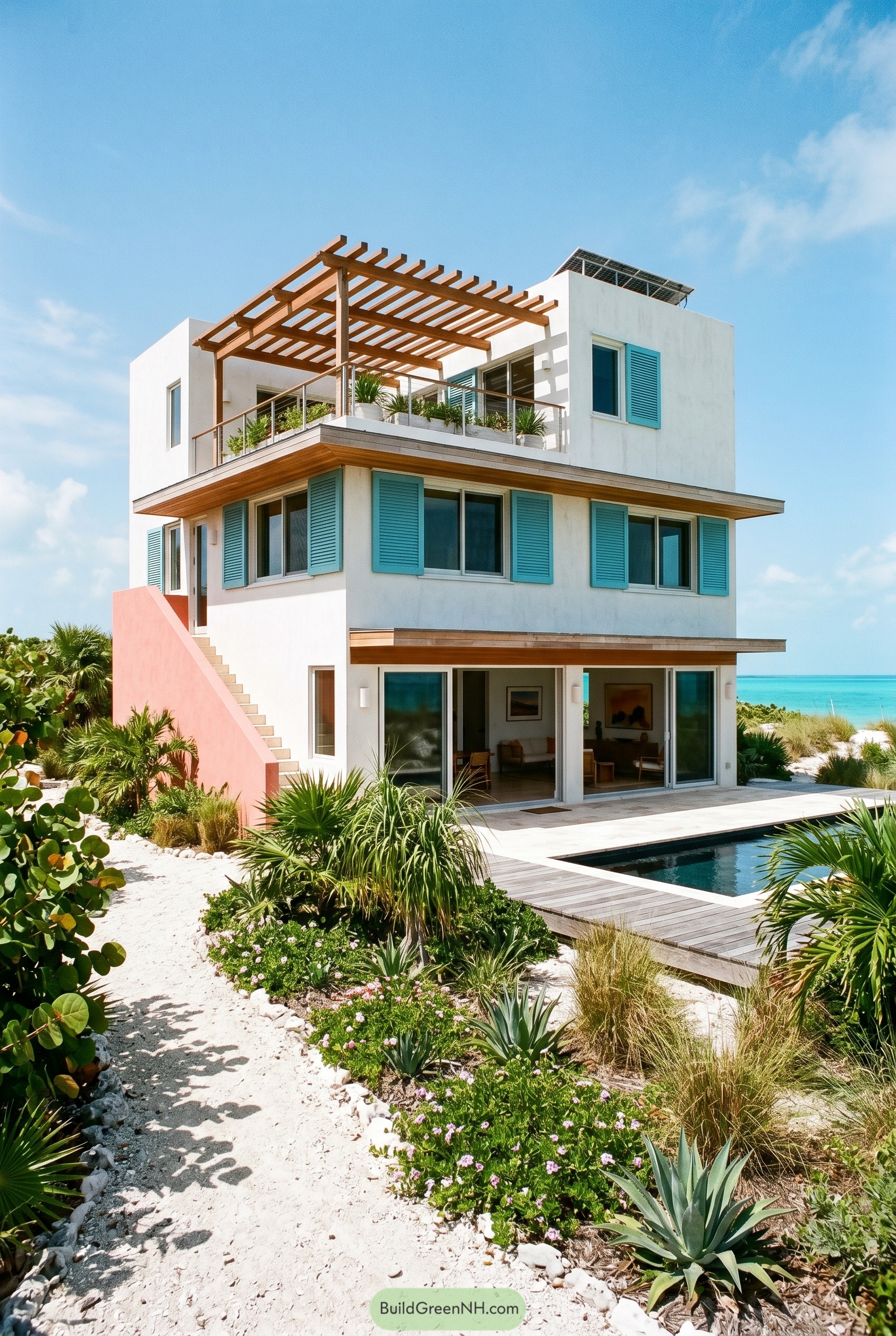 White beach house with aqua shutters and pink stair