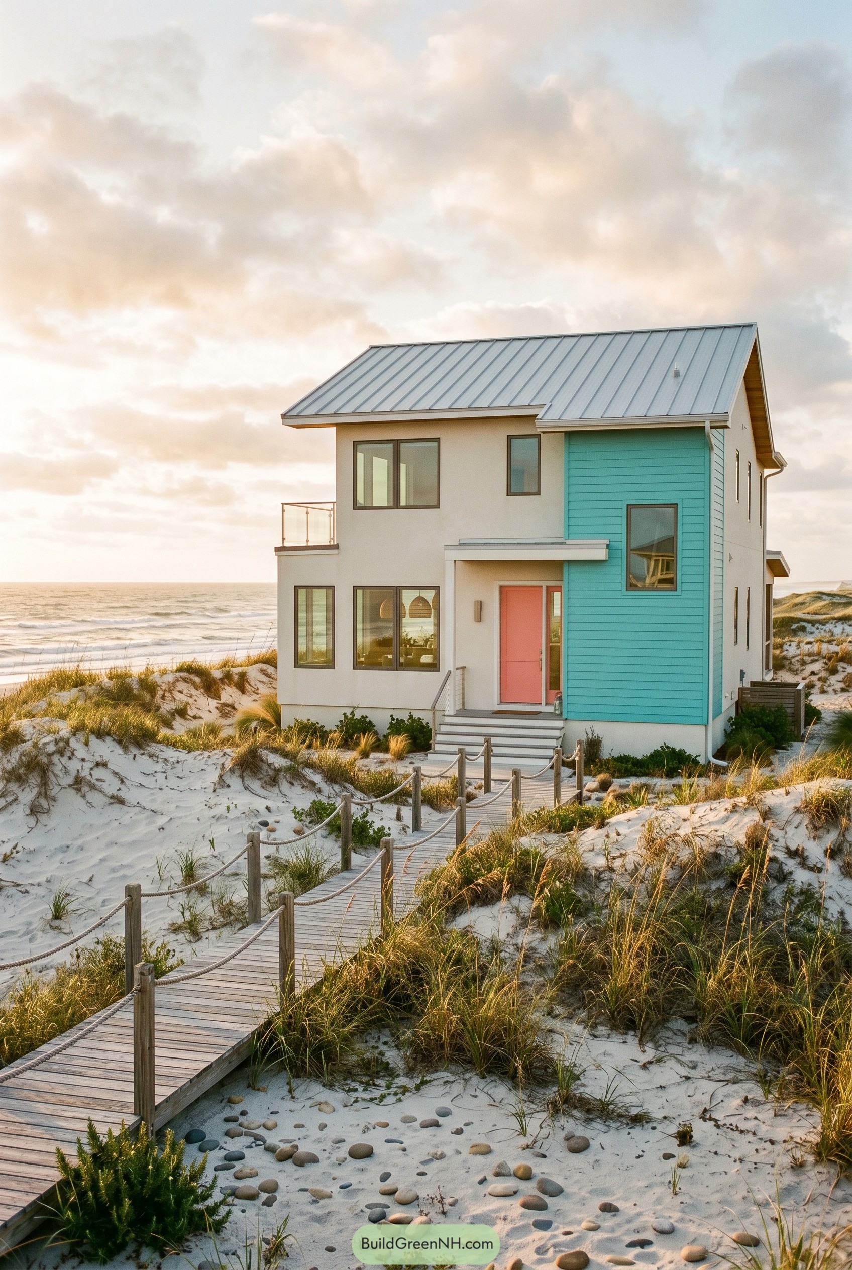 Modern beach house with turquoise siding and coral door