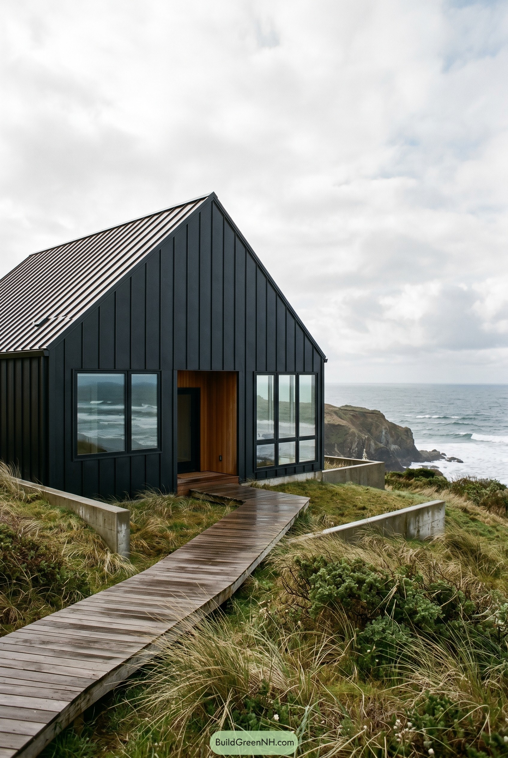 Black gabled coastal house above the sea