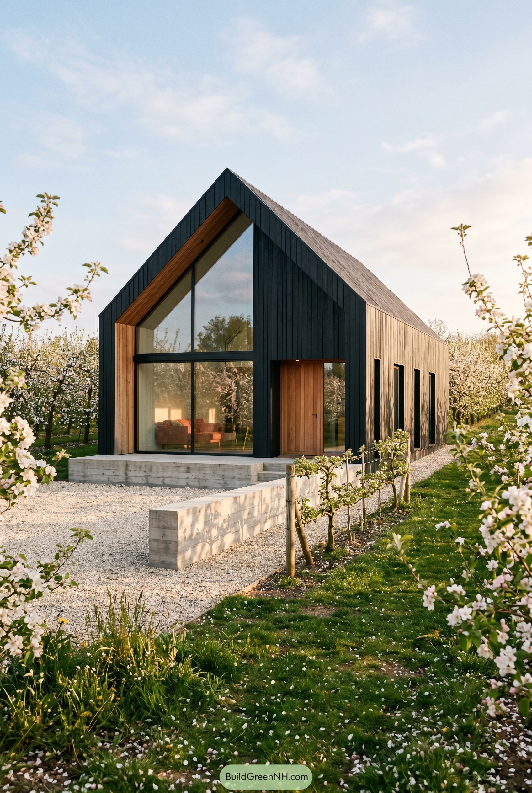Dark gabled house in a blooming orchard