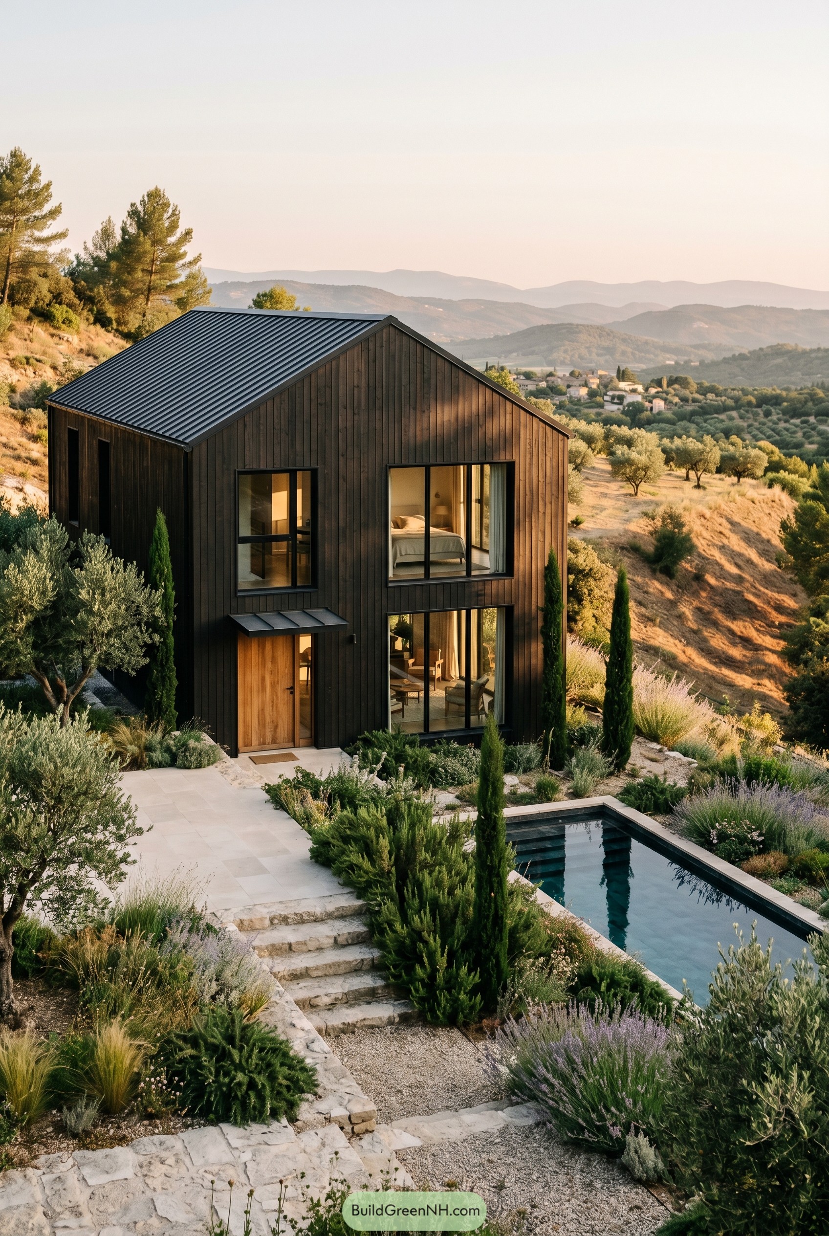 Dark gabled house on hillside with pool