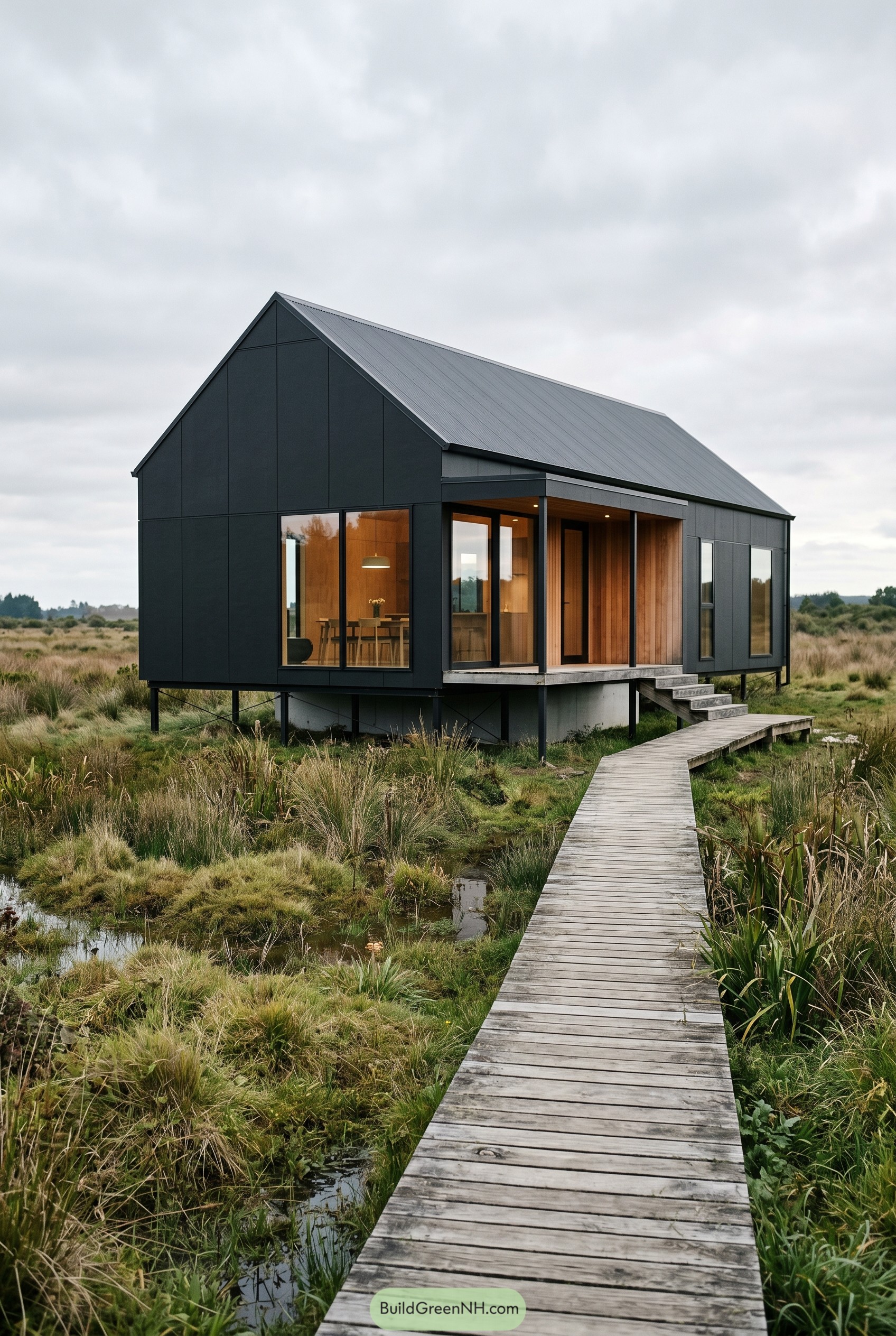 Black gabled house on stilts in marsh
