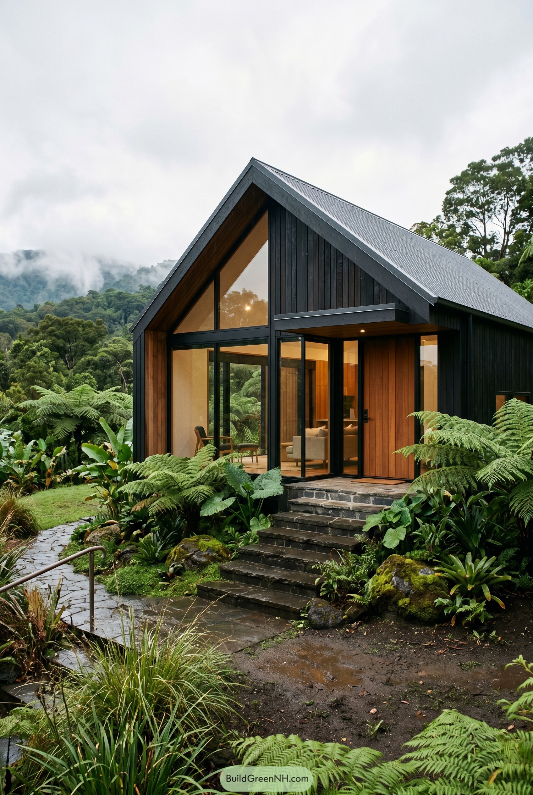 Dark gabled cabin with tall glass in dense ferns