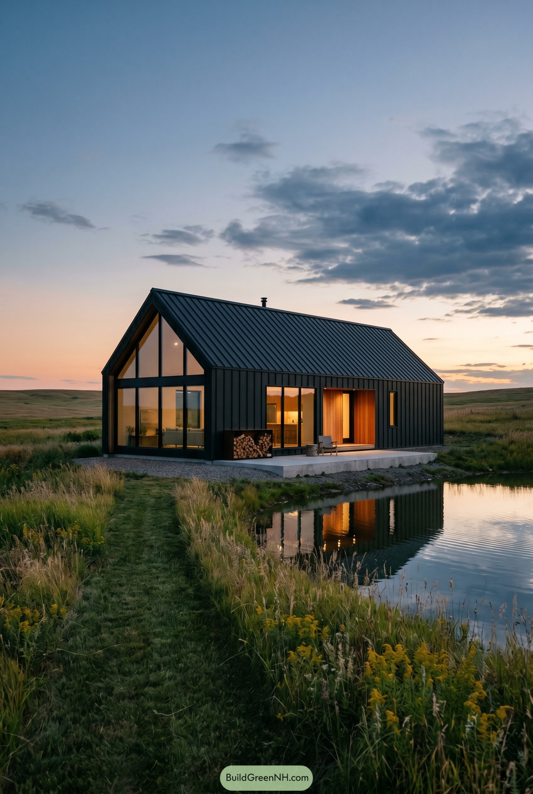 Dark modern gabled house beside a pond at dusk