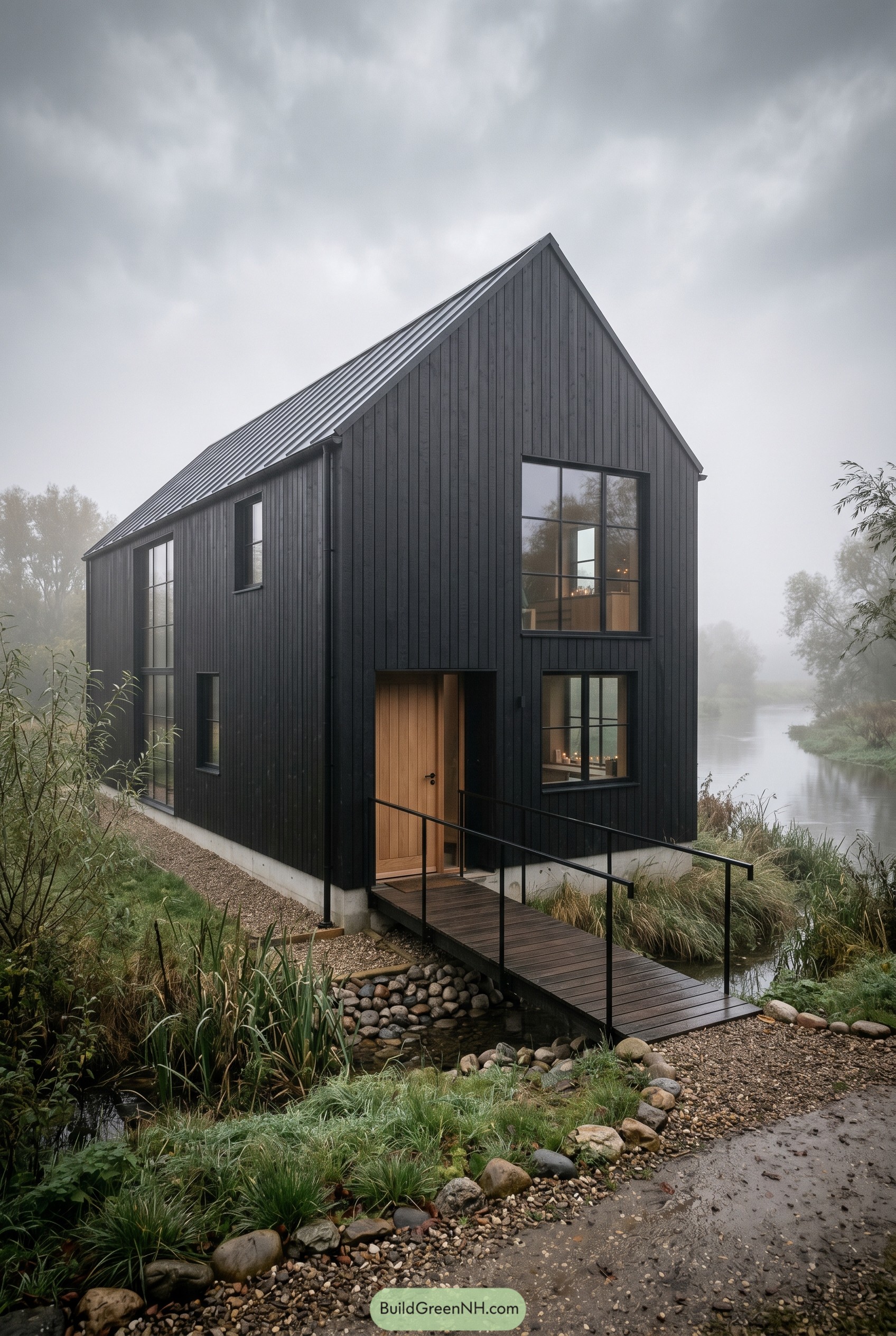 Dark modern gabled house by a misty river