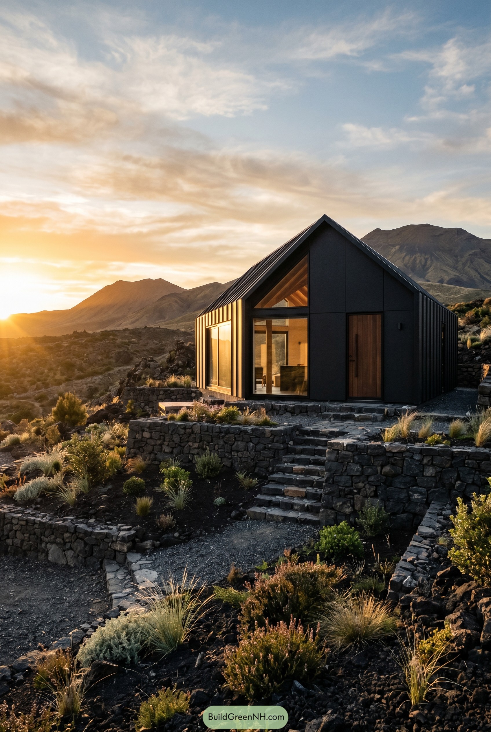 Dark gabled house on stone terraces at sunset
